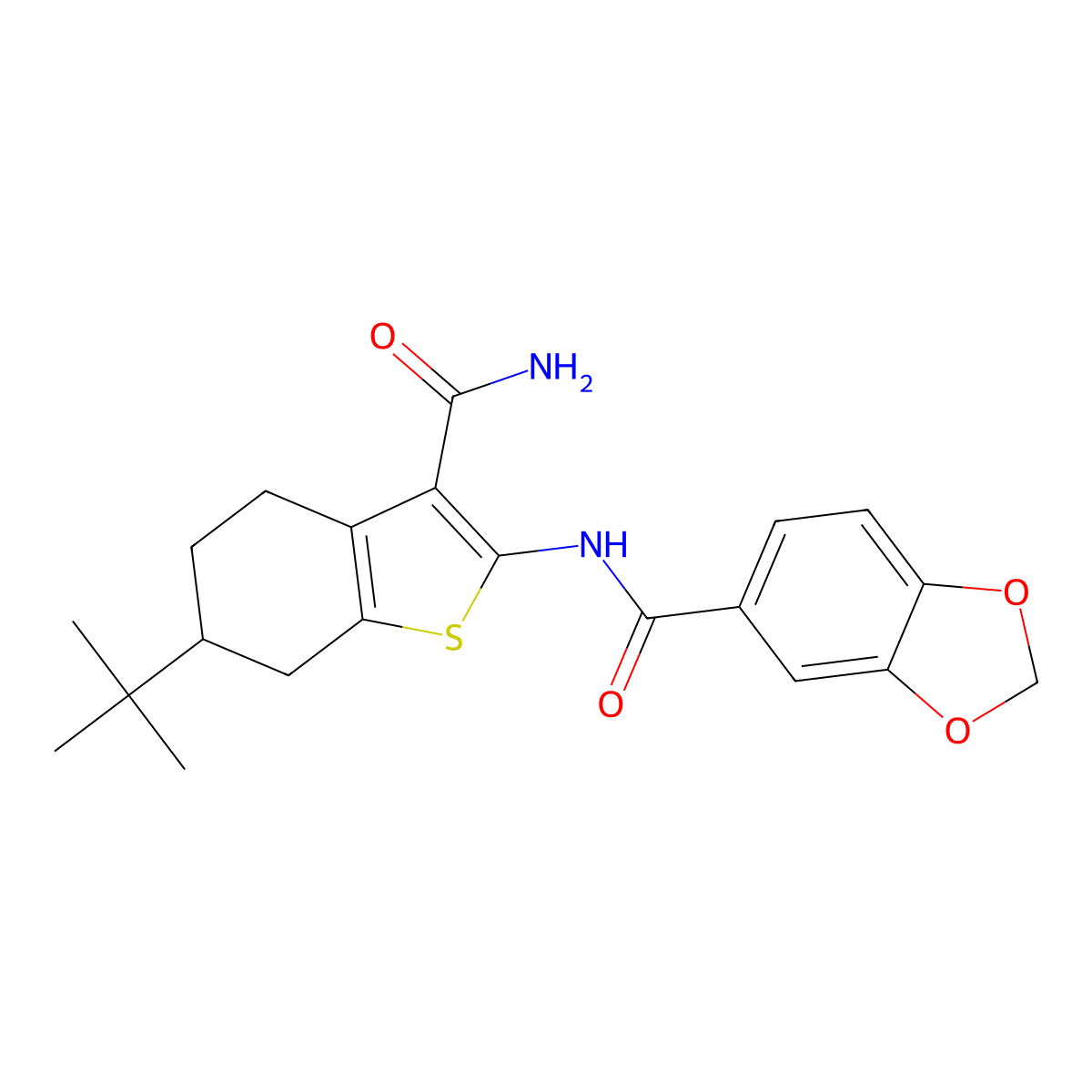 N-(6-tert-butyl-3-carbamoyl-4,5,6,7-tetrahydro-1-benzothiophen-2-yl)-1,3-benzodioxole-5-carboxamide molecular structure, CAS 362481-97-8