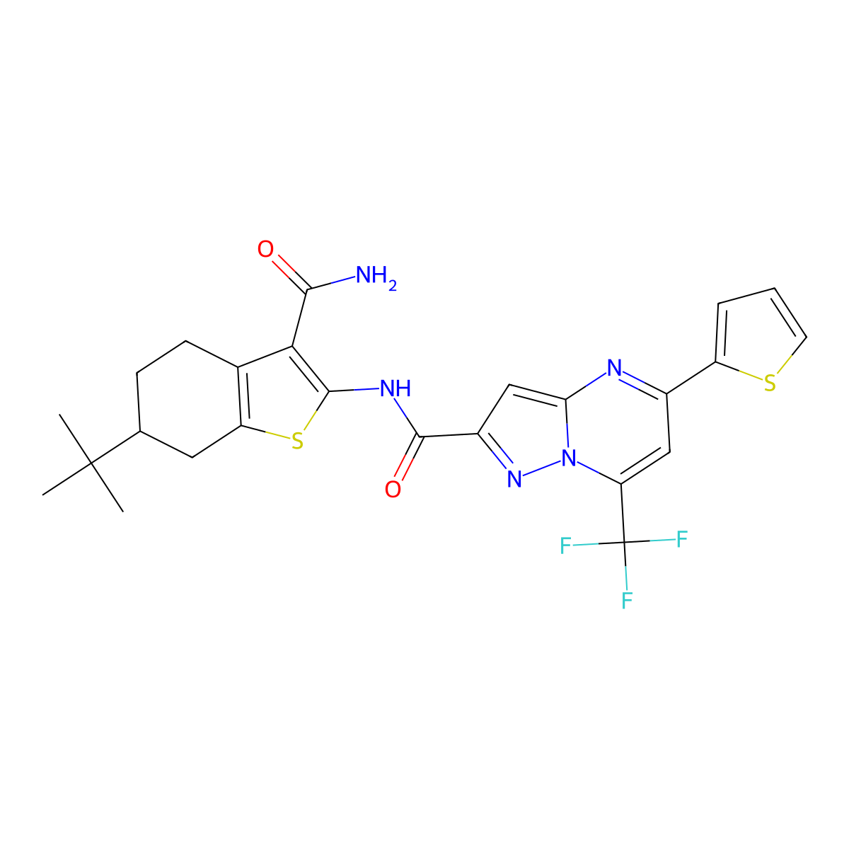 N-(6-tert-butyl-3-carbamoyl-4,5,6,7-tetrahydro-1-benzothiophen-2-yl)-5-thiophen-2-yl-7-(trifluoromethyl)pyrazolo[1,5-a]pyrimidine-2-carboxamide molecular structure, CAS 362482-35-7