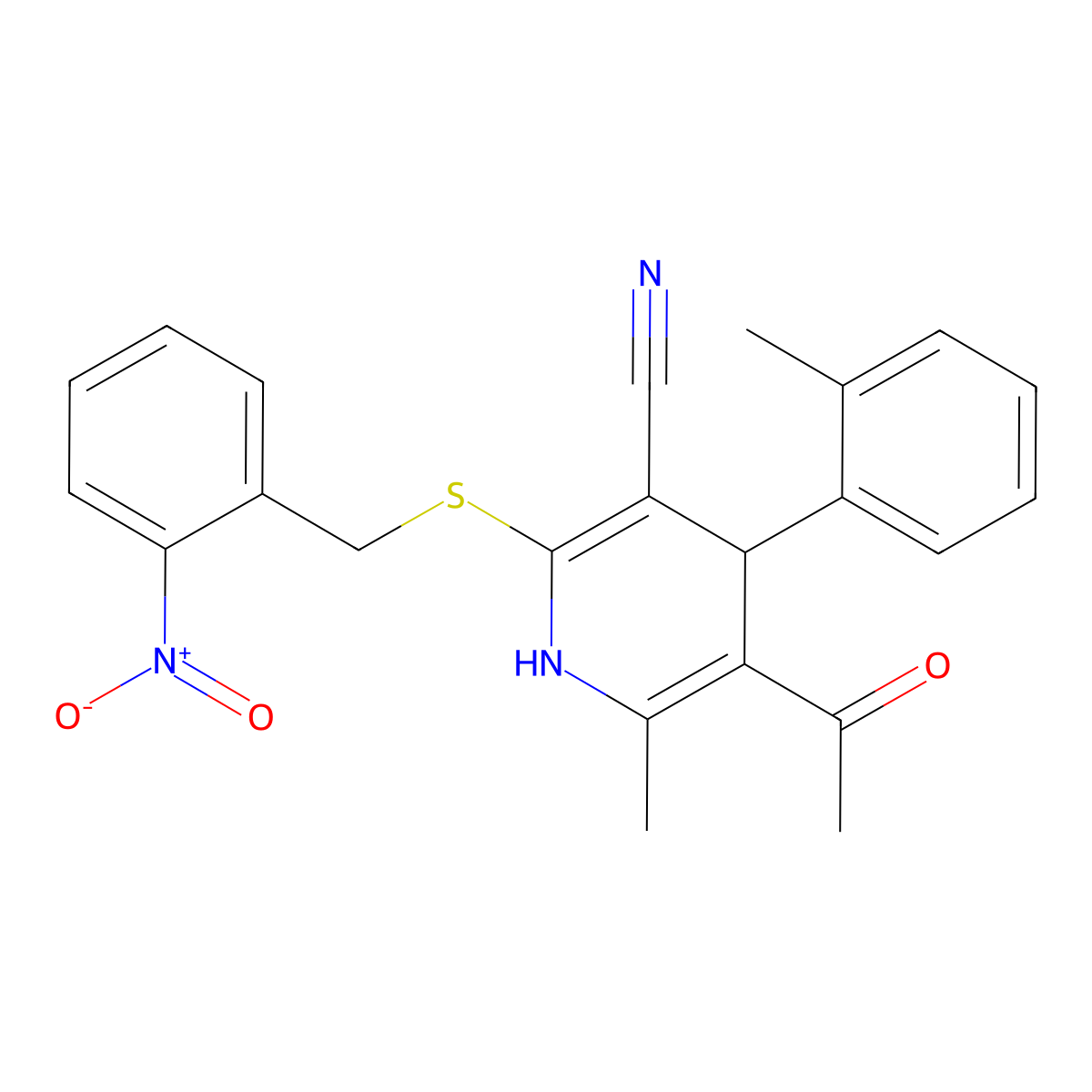 5-Acetyl-6-methyl-4-(2-methylphenyl)-2-[(2-nitrophenyl)methylsulfanyl]-1,4-dihydropyridine-3-carbonitrile molecular structure, CAS 362482-54-0