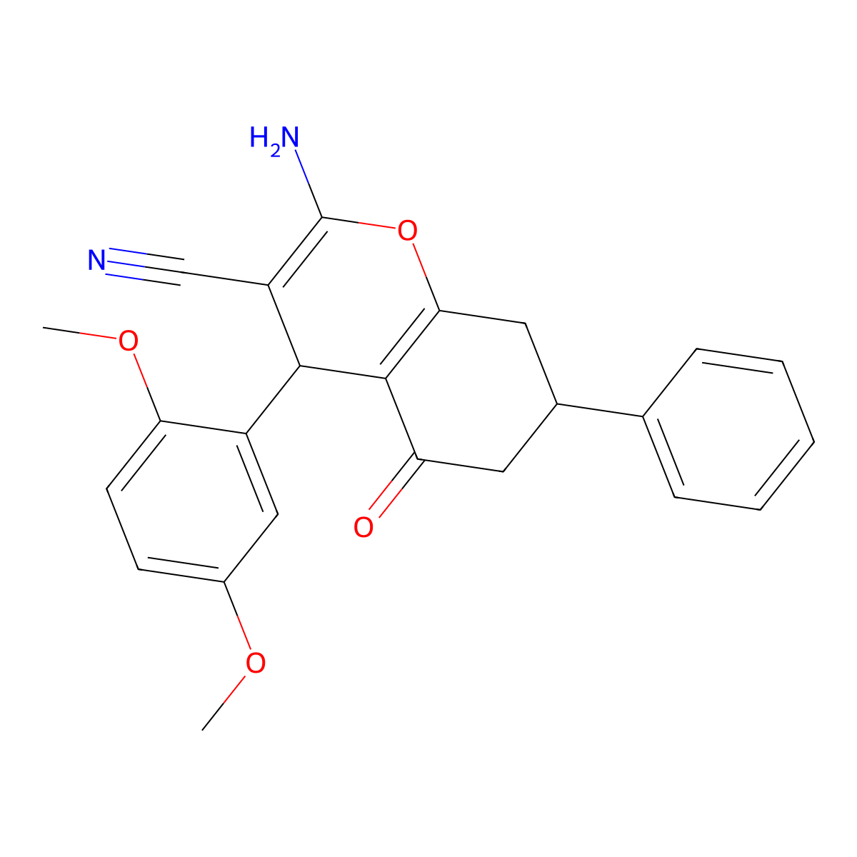 2-amino-4-(2,5-dimethoxyphenyl)-5-oxo-7-phenyl-5,6,7,8-tetrahydro-4H-chromene-3-carbonitrile molecular structure, CAS 362488-13-9