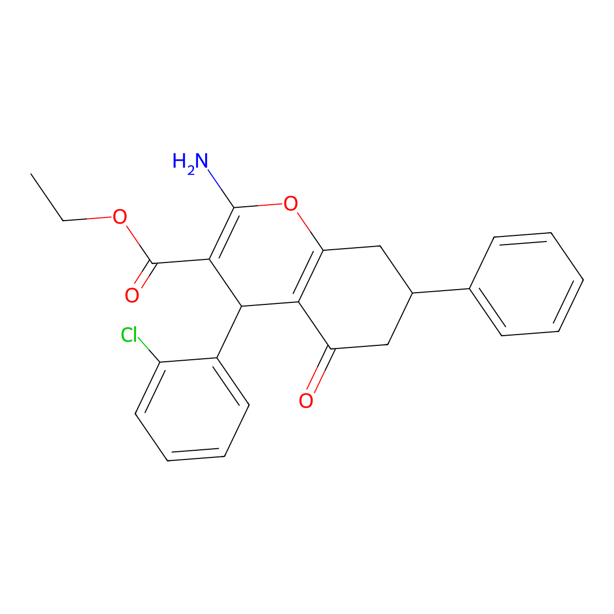 Ethyl 2-amino-4-(2-chlorophenyl)-5,6,7,8-tetrahydro-5-oxo-7-phenyl-4H-1-benzopyran-3-carboxylate molecular structure, CAS 362488-43-5