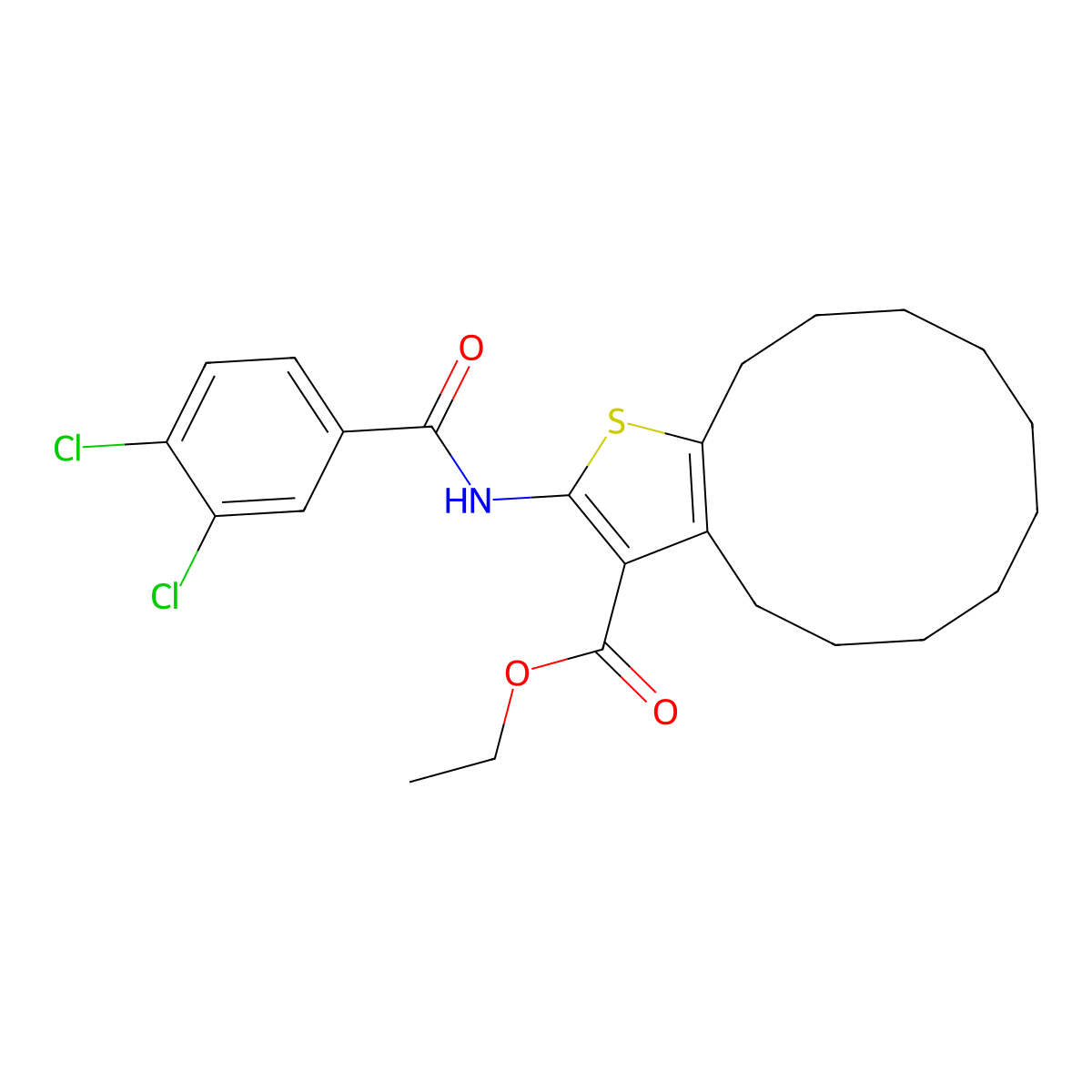 Ethyl 2-[(3,4-dichlorobenzoyl)amino]-4,5,6,7,8,9,10,11,12,13-decahydrocyclododeca[b]thiophene-3-carboxylate molecular structure, CAS 362494-10-8
