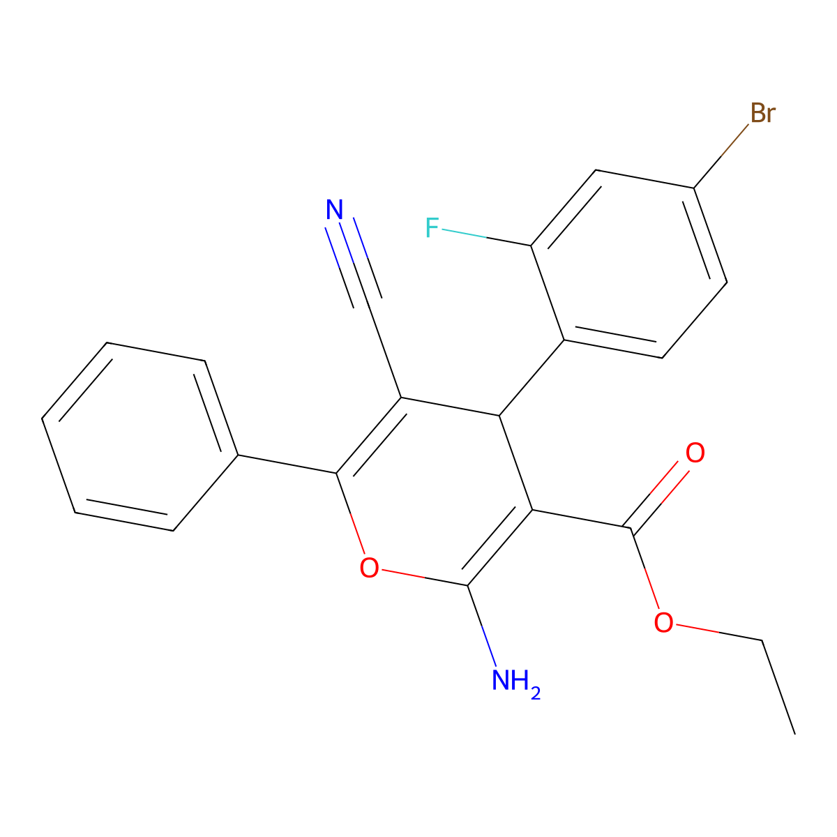 ethyl 2-amino-4-(4-bromo-2-fluorophenyl)-5-cyano-6-phenyl-4H-pyran-3-carboxylate molecular structure, CAS 362494-86-8