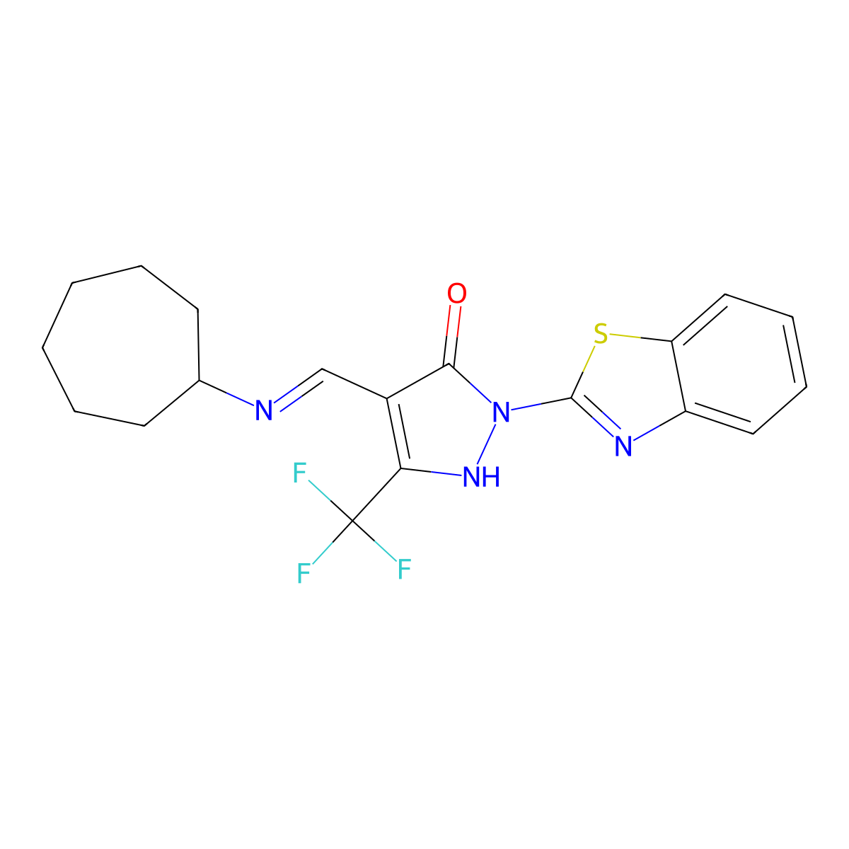2-(1,3-benzothiazol-2-yl)-4-[(cycloheptylimino)methyl]-5-(trifluoromethyl)-1,2-dihydro-3H-pyrazol-3-one molecular structure, CAS 362494-96-0