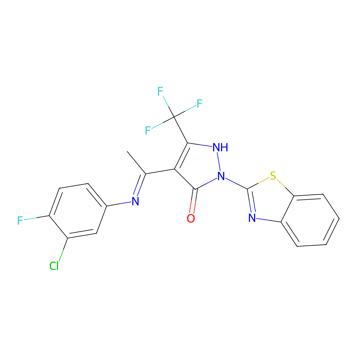 2-(1,3-benzothiazol-2-yl)-4-[(1E)-N-(3-chloro-4-fluorophenyl)ethanimidoyl]-5-(trifluoromethyl)-1,2-dihydro-3H-pyrazol-3-one molecular structure, CAS 362496-31-9