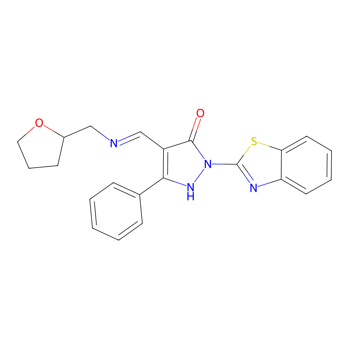 1-(1,3-benzothiazol-2-yl)-3-phenyl-4-{(E)-[(tetrahydrofuran-2-ylmethyl)imino]methyl}-1H-pyrazol-5-ol molecular structure, CAS 362496-54-6