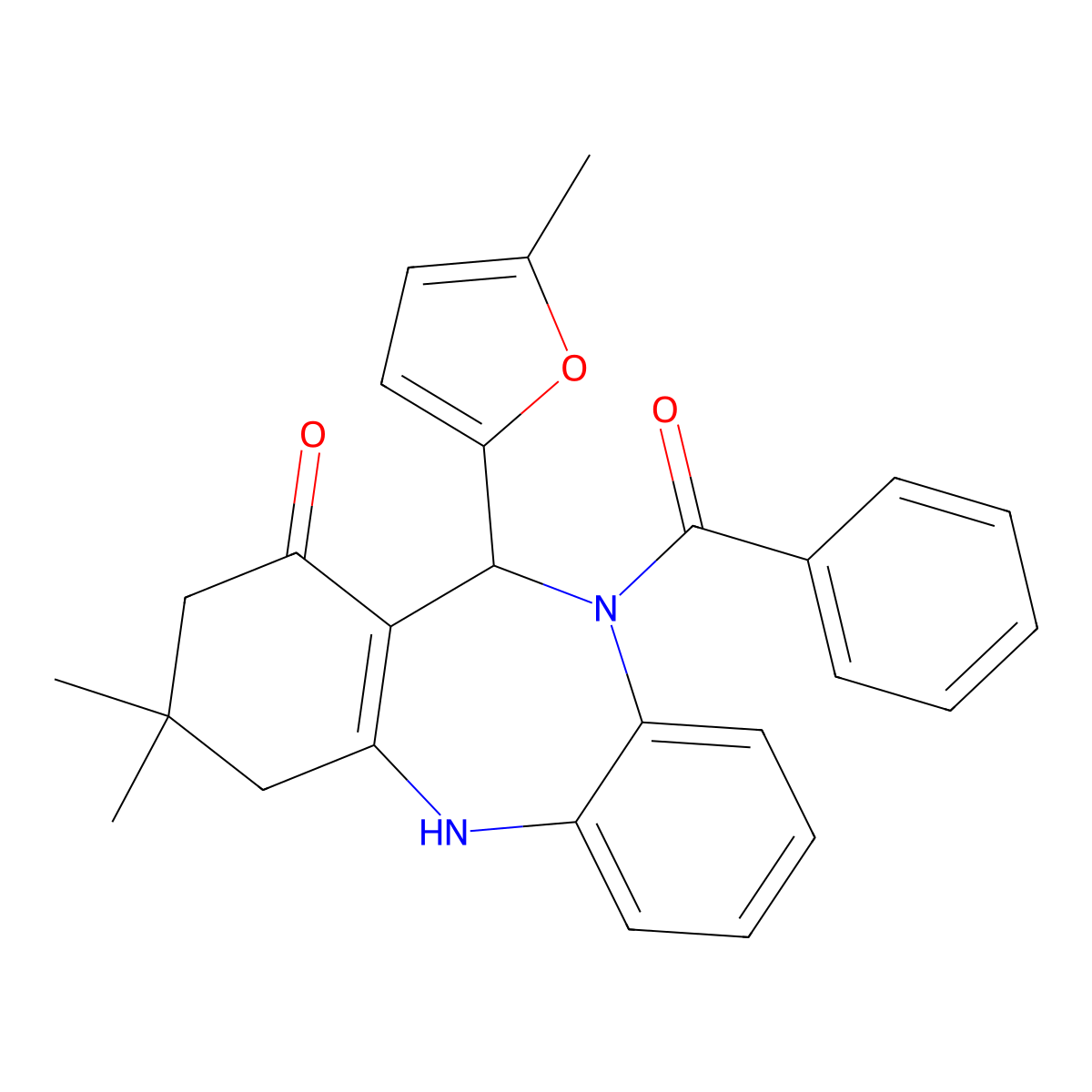 10-benzoyl-3,3-dimethyl-11-(5-methyl-2-furyl)-2,3,4,5,10,11-hexahydro-1H-dibenzo[b,e][1,4]diazepin-1-one molecular structure, CAS 362498-13-3