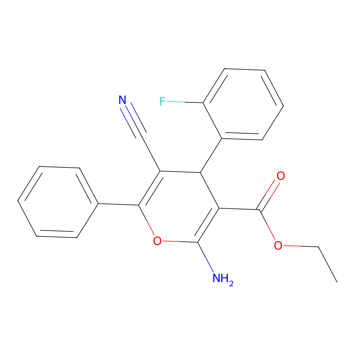 ethyl 2-amino-5-cyano-4-(2-fluorophenyl)-6-phenyl-4H-pyran-3-carboxylate molecular structure, CAS 362498-28-0