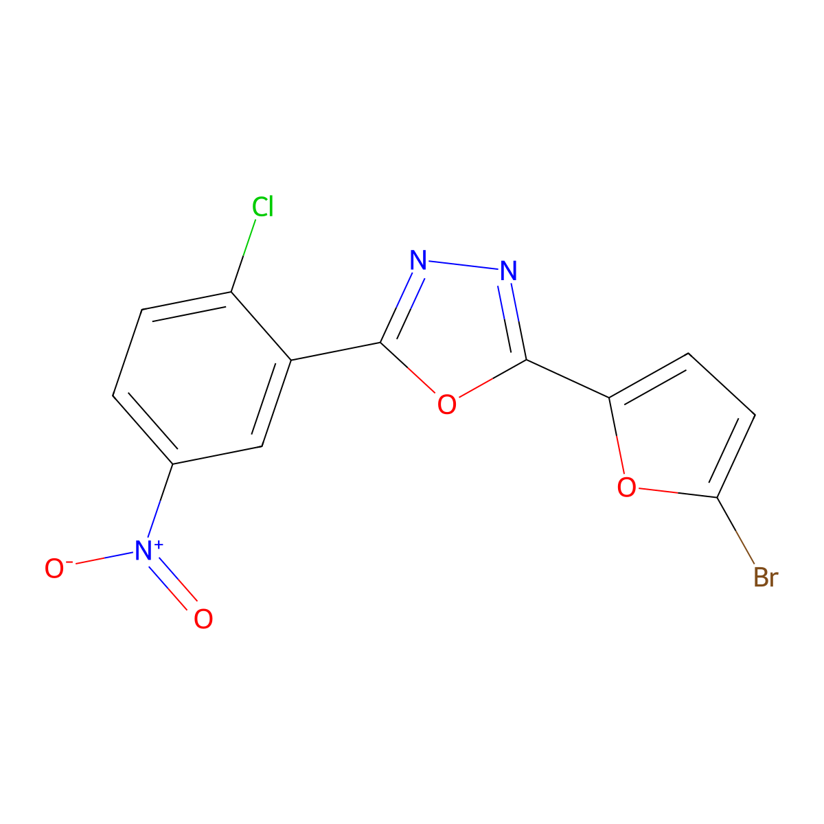 2-(5-Bromofuran-2-yl)-5-(2-chloro-5-nitrophenyl)-1,3,4-oxadiazole molecular structure, CAS 362498-56-4