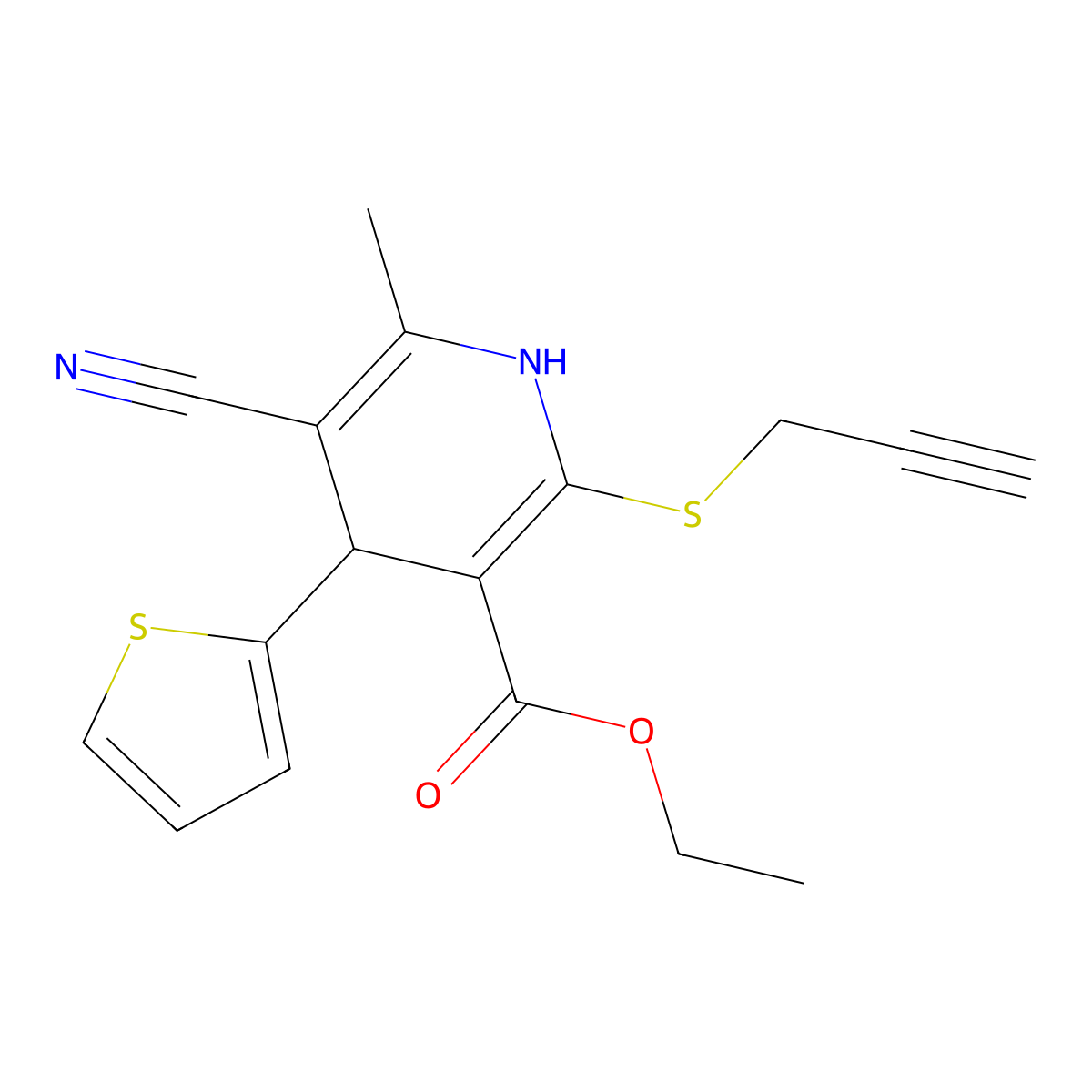 Ethyl 5-cyano-6-methyl-2-(prop-2-yn-1-ylsulfanyl)-4-(thiophen-2-yl)-1,4-dihydropyridine-3-carboxylate molecular structure, CAS 362498-92-8