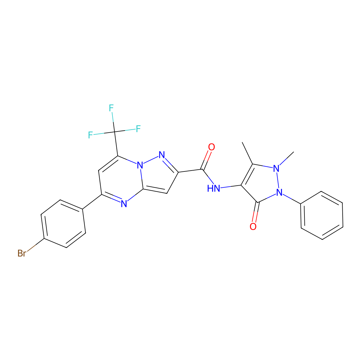 5-(4-bromophenyl)-N-(1,5-dimethyl-3-oxo-2-phenyl-2,3-dihydro-1H-pyrazol-4-yl)-7-(trifluoromethyl)pyrazolo[1,5-a]pyrimidine-2-carboxamide molecular structure, CAS 362498-95-1