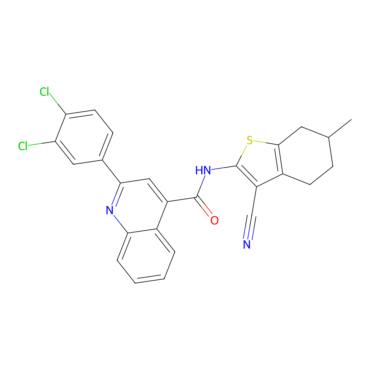 N-(3-cyano-6-methyl-4,5,6,7-tetrahydro-1-benzothiophen-2-yl)-2-(3,4-dichlorophenyl)quinoline-4-carboxamide molecular structure, CAS 362499-70-5