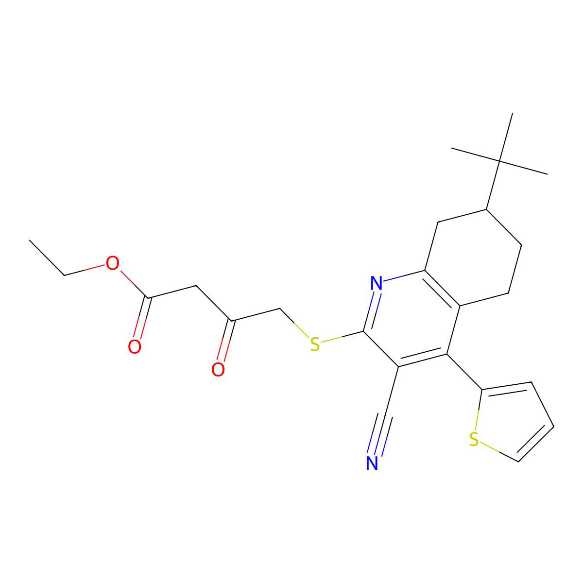 Ethyl 4-[(7-tert-butyl-3-cyano-4-thien-2-yl-5,6,7,8-tetrahydroquinolin-2-yl)sulfanyl]-3-oxobutanoate molecular structure, CAS 362500-07-0