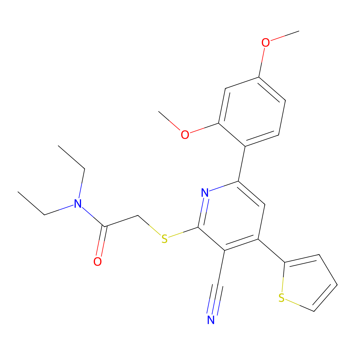 2-[3-cyano-6-(2,4-dimethoxyphenyl)-4-thiophen-2-ylpyridin-2-yl]sulfanyl-N,N-diethylacetamide molecular structure, CAS 362500-11-6