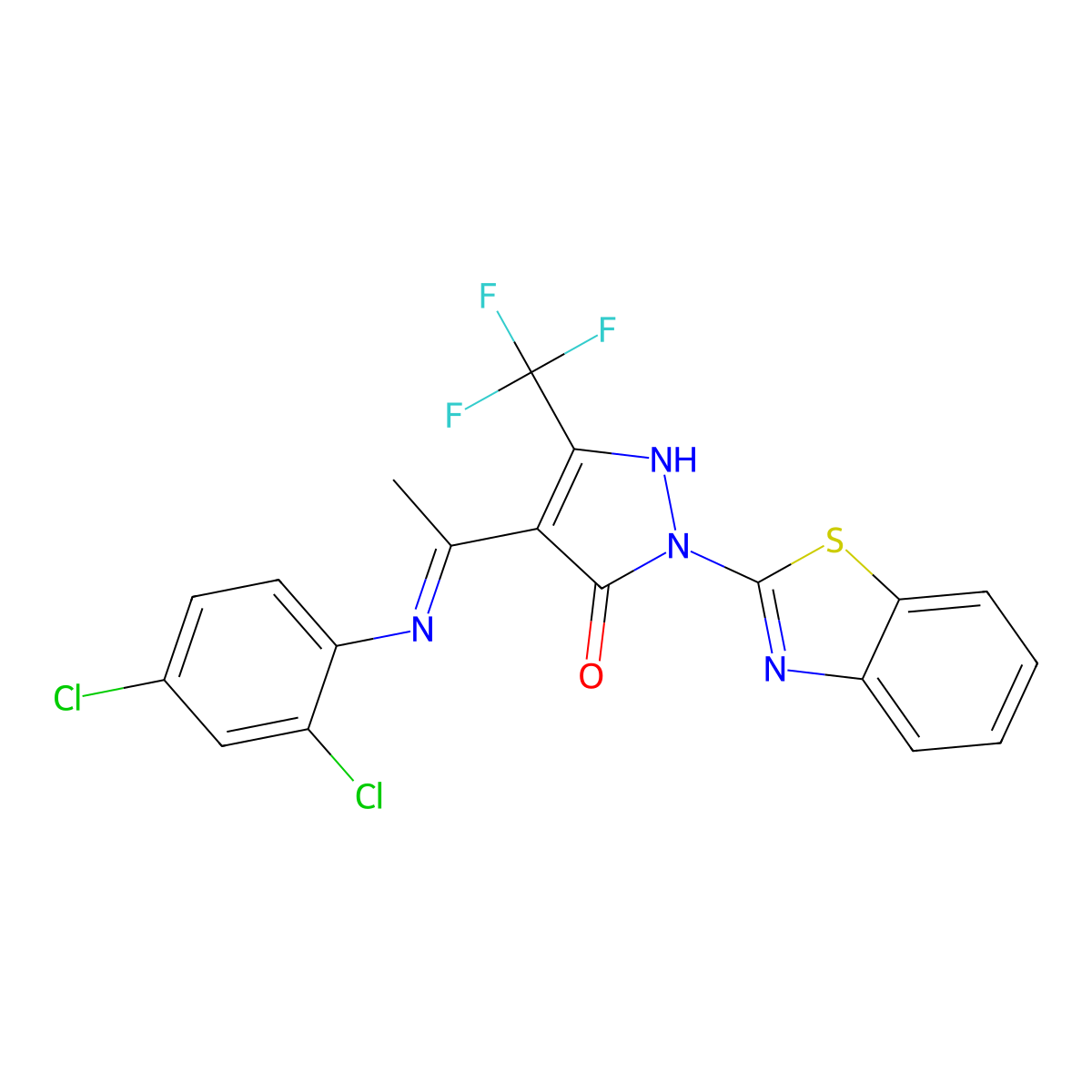 (4E)-2-(1,3-benzothiazol-2-yl)-4-[1-(2,4-dichloroanilino)ethylidene]-5-(trifluoromethyl)pyrazol-3-one molecular structure, CAS 362500-51-4