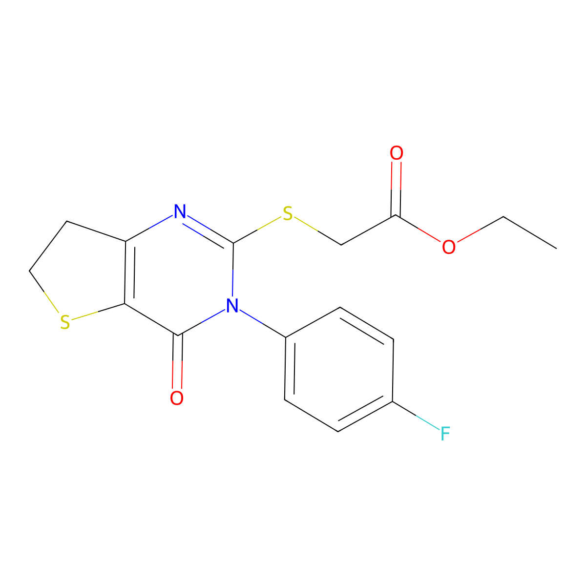 Ethyl 2-((3-(4-fluorophenyl)-4-oxo-3,4,6,7-tetrahydrothieno[3,2-d]pyrimidin-2-yl)thio)acetate molecular structure, CAS 362501-43-7