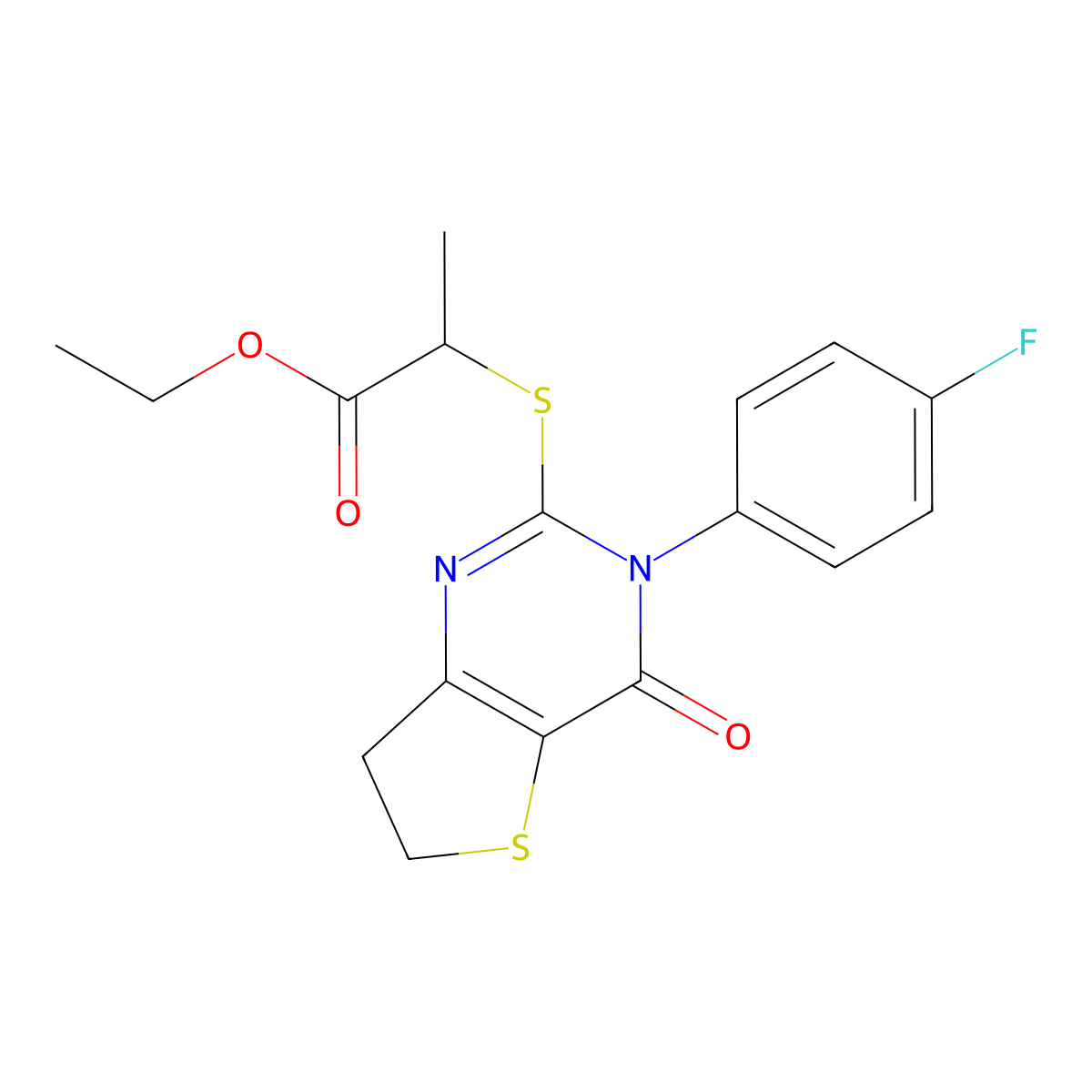 Ethyl 2-((3-(4-fluorophenyl)-4-oxo-3,4,6,7-tetrahydrothieno[3,2-d]pyrimidin-2-yl)thio)propanoate molecular structure, CAS 362501-44-8