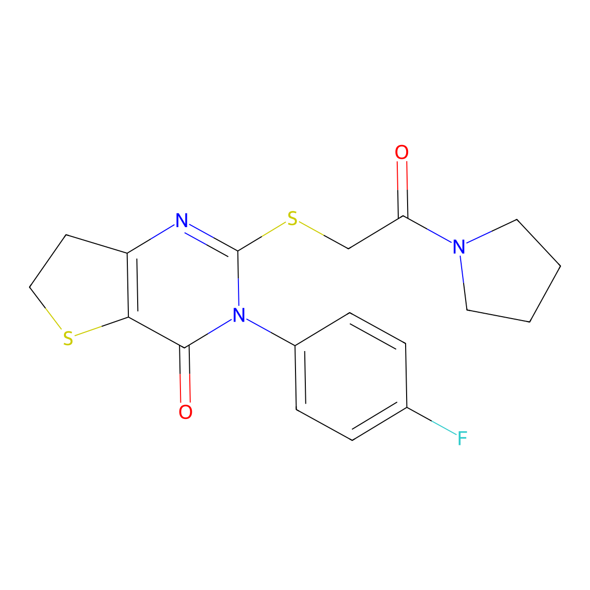 3-(4-fluorophenyl)-2-((2-oxo-2-(pyrrolidin-1-yl)ethyl)thio)-6,7-dihydrothieno[3,2-d]pyrimidin-4(3H)-one molecular structure, CAS 362501-45-9