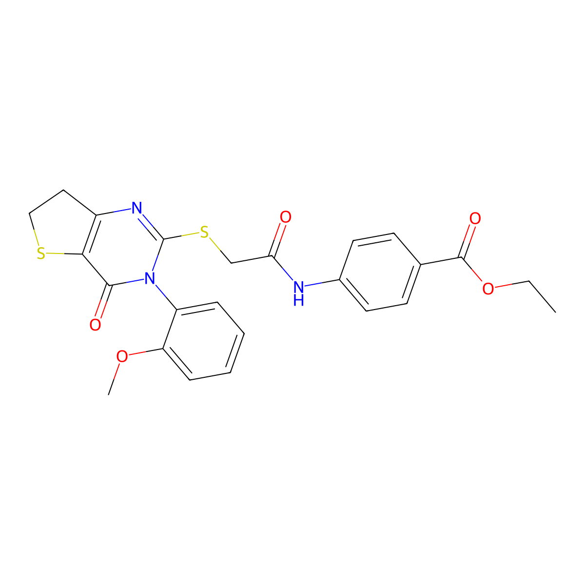 Ethyl 4-(2-((3-(2-methoxyphenyl)-4-oxo-3,4,6,7-tetrahydrothieno[3,2-d]pyrimidin-2-yl)thio)acetamido)benzoate molecular structure, CAS 362501-79-9