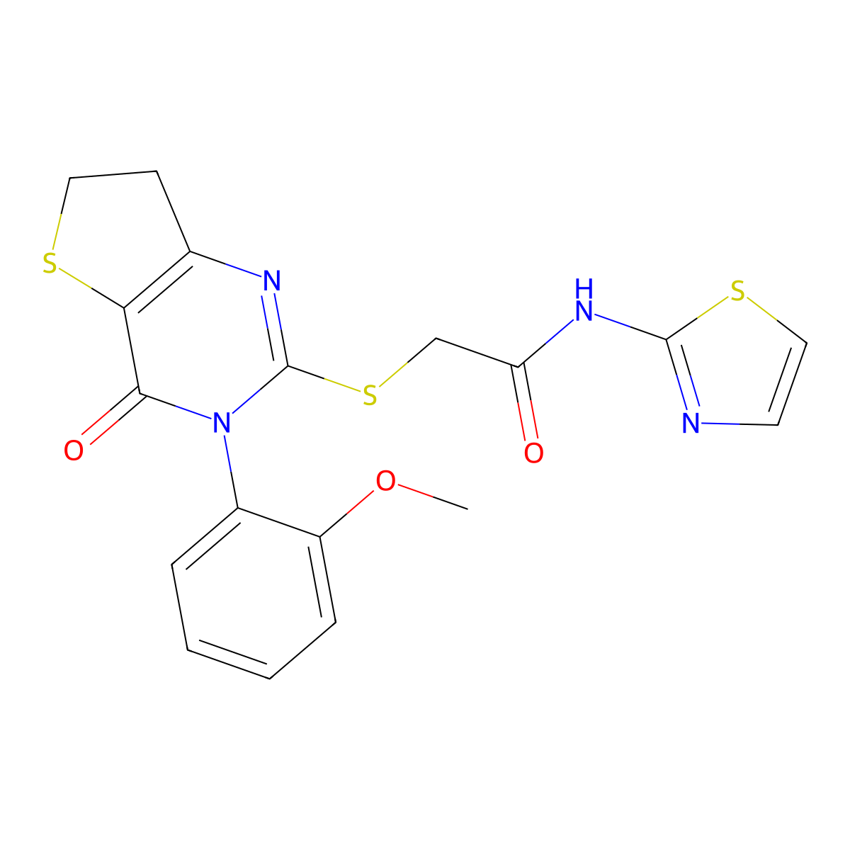2-((3-(2-methoxyphenyl)-4-oxo-3,4,6,7-tetrahydrothieno[3,2-d]pyrimidin-2-yl)thio)-N-(thiazol-2-yl)acetamide molecular structure, CAS 362501-81-3