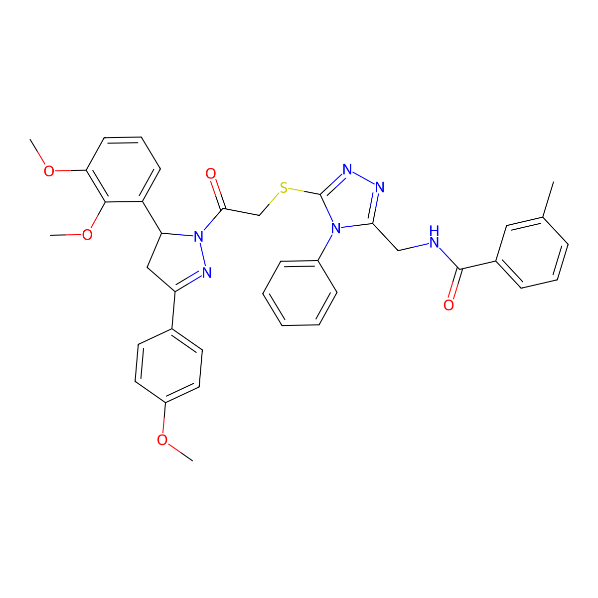 N-[[5-[2-[3-(2,3-dimethoxyphenyl)-5-(4-methoxyphenyl)-3,4-dihydropyrazol-2-yl]-2-oxoethyl]sulfanyl-4-phenyl-1,2,4-triazol-3-yl]methyl]-3-methylbenzamide molecular structure, CAS 362502-33-8