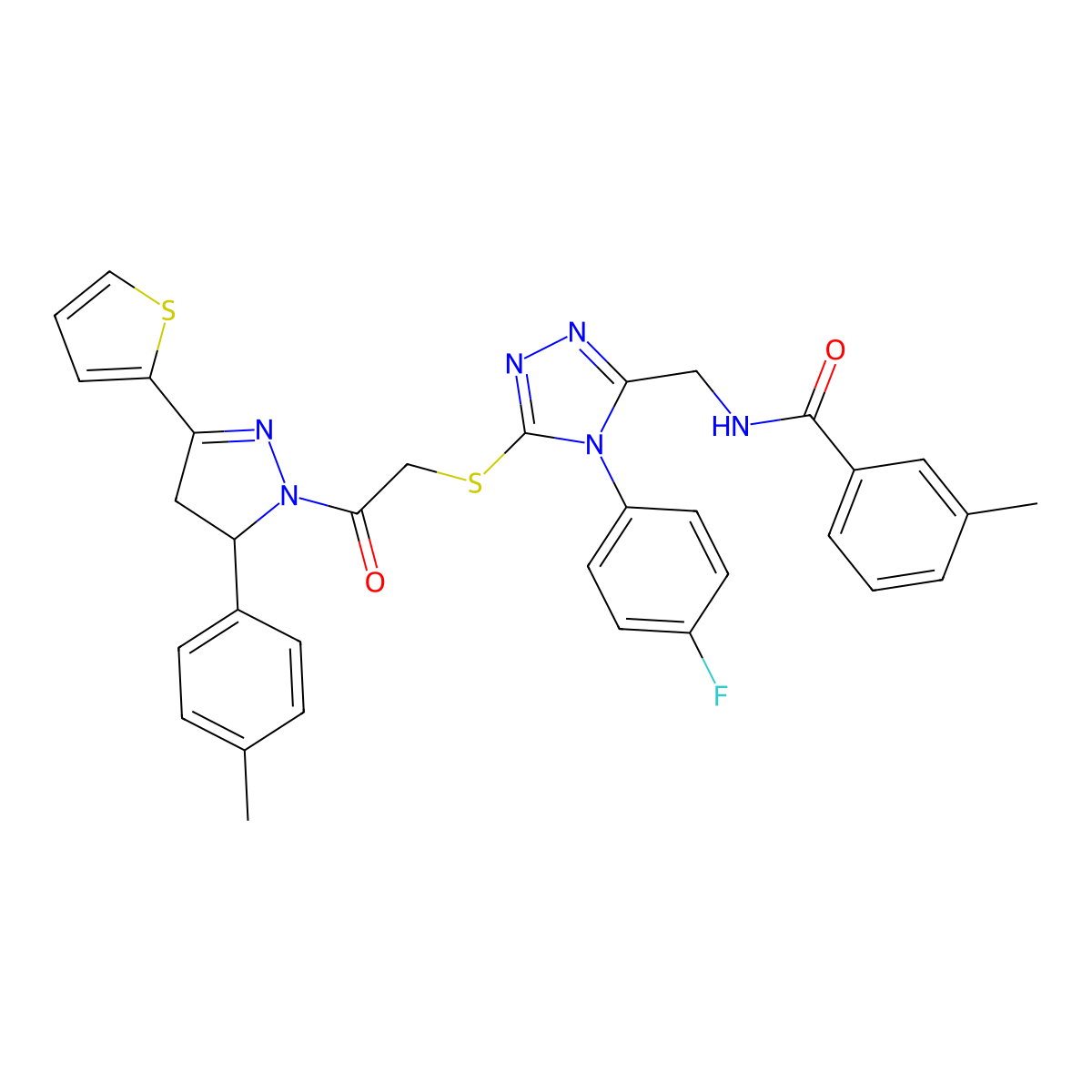 N-((4-(4-fluorophenyl)-5-((2-oxo-2-(3-(thiophen-2-yl)-5-(p-tolyl)-4,5-dihydro-1H-pyrazol-1-yl)ethyl)thio)-4H-1,2,4-triazol-3-yl)methyl)-3-methylbenzamide molecular structure, CAS 362502-40-7