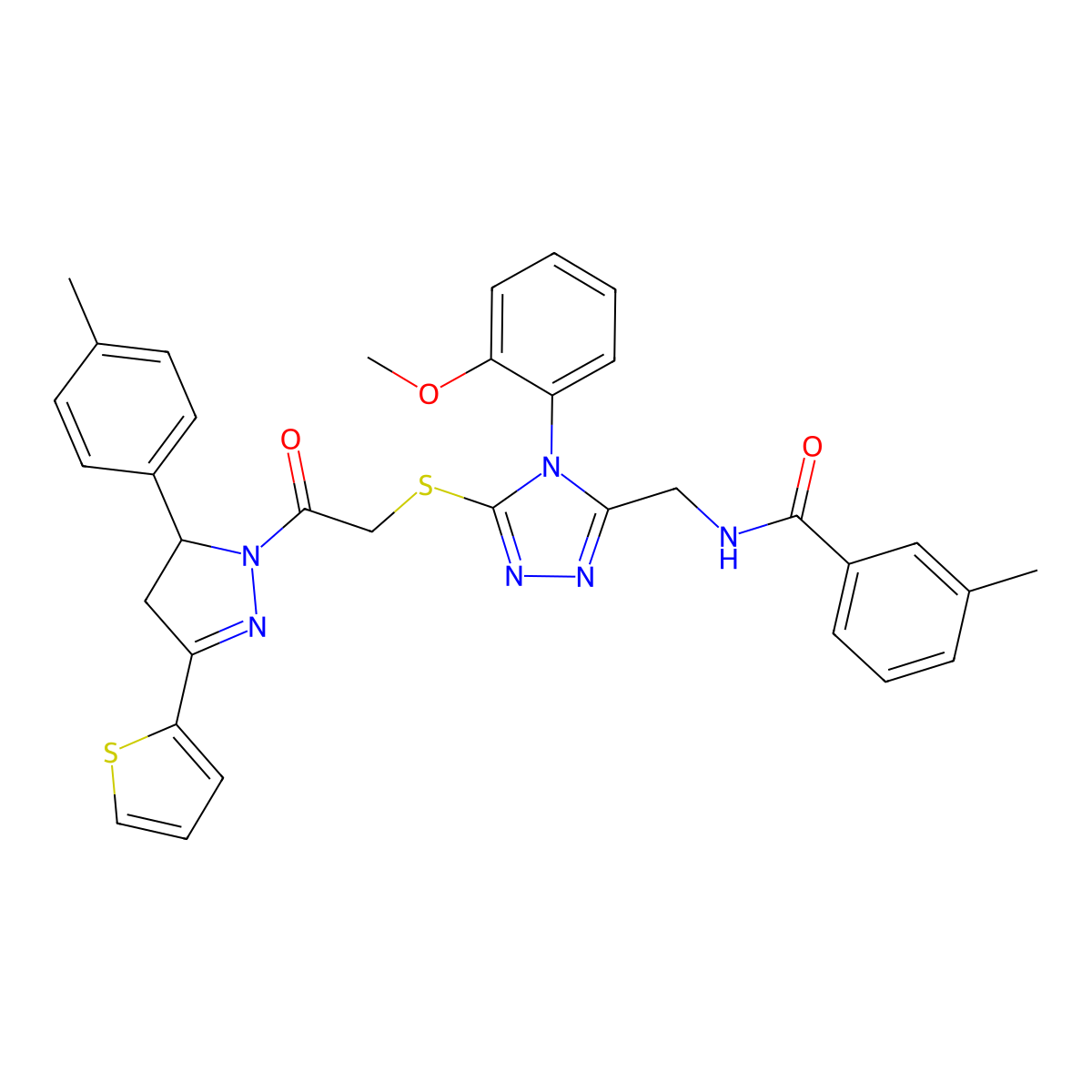 N-((4-(2-methoxyphenyl)-5-((2-oxo-2-(3-(thiophen-2-yl)-5-(p-tolyl)-4,5-dihydro-1H-pyrazol-1-yl)ethyl)thio)-4H-1,2,4-triazol-3-yl)methyl)-3-methylbenzamide molecular structure, CAS 362502-49-6