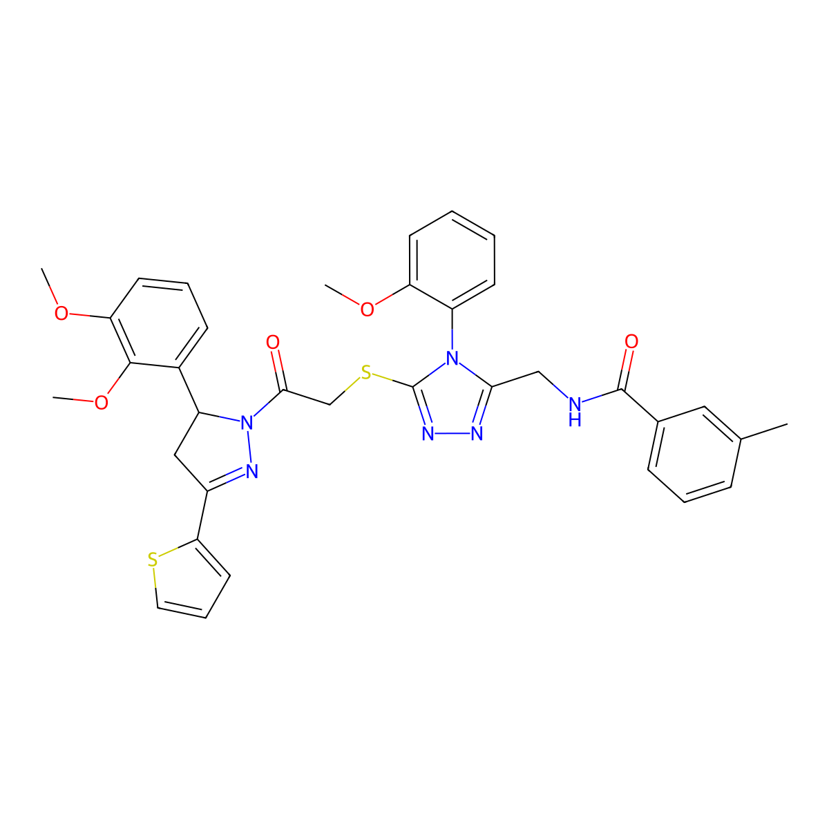 N-((5-((2-(5-(2,3-dimethoxyphenyl)-3-(thiophen-2-yl)-4,5-dihydro-1H-pyrazol-1-yl)-2-oxoethyl)thio)-4-(2-methoxyphenyl)-4H-1,2,4-triazol-3-yl)methyl)-3-methylbenzamide molecular structure, CAS 362502-55-4