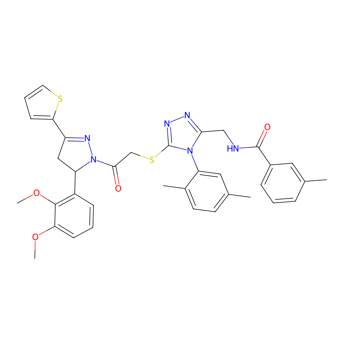 N-((5-((2-(5-(2,3-dimethoxyphenyl)-3-(thiophen-2-yl)-4,5-dihydro-1H-pyrazol-1-yl)-2-oxoethyl)thio)-4-(2,5-dimethylphenyl)-4H-1,2,4-triazol-3-yl)methyl)-3-methylbenzamide molecular structure, CAS 362502-59-8