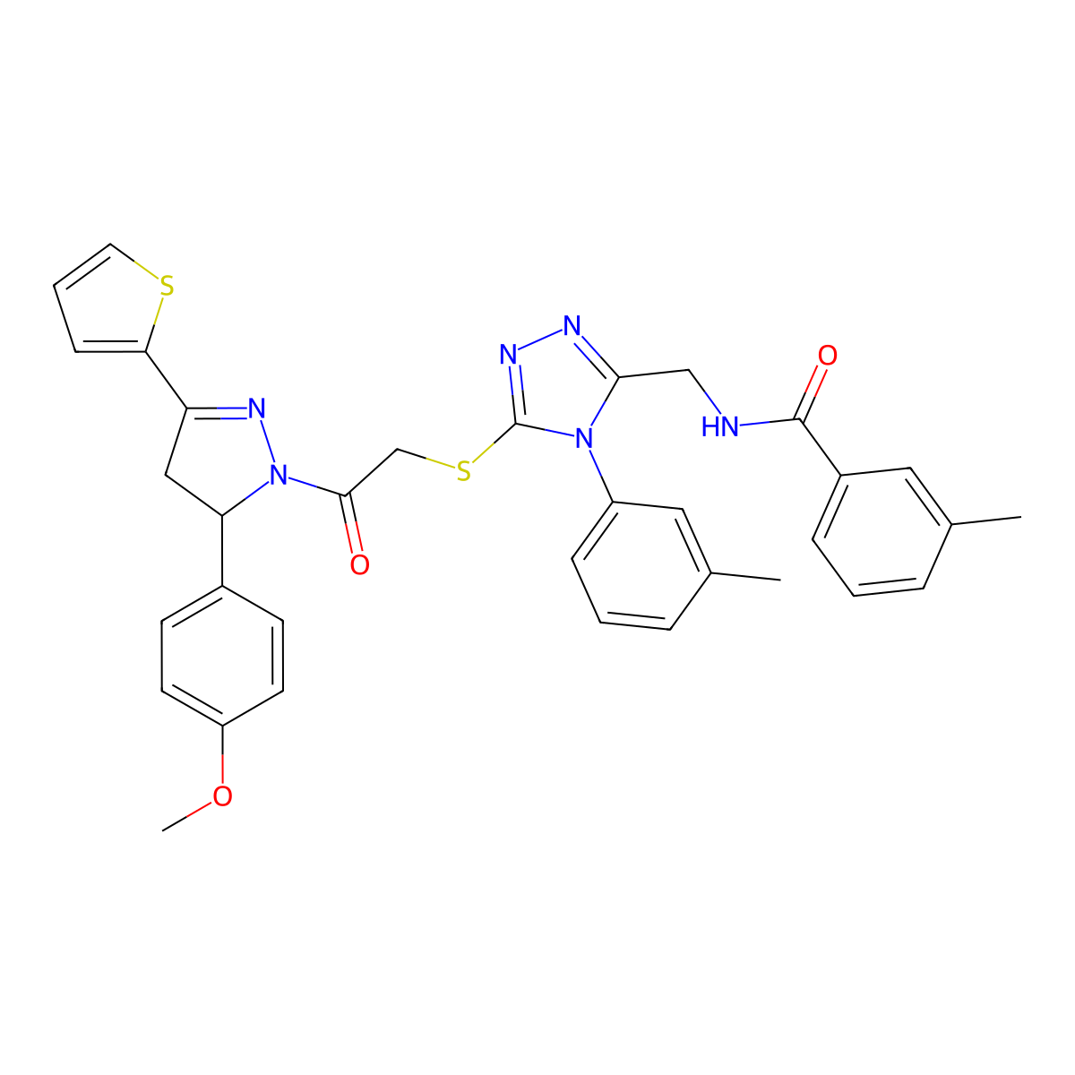 N-((5-((2-(5-(4-methoxyphenyl)-3-(thiophen-2-yl)-4,5-dihydro-1H-pyrazol-1-yl)-2-oxoethyl)thio)-4-(m-tolyl)-4H-1,2,4-triazol-3-yl)methyl)-3-methylbenzamide molecular structure, CAS 362502-62-3