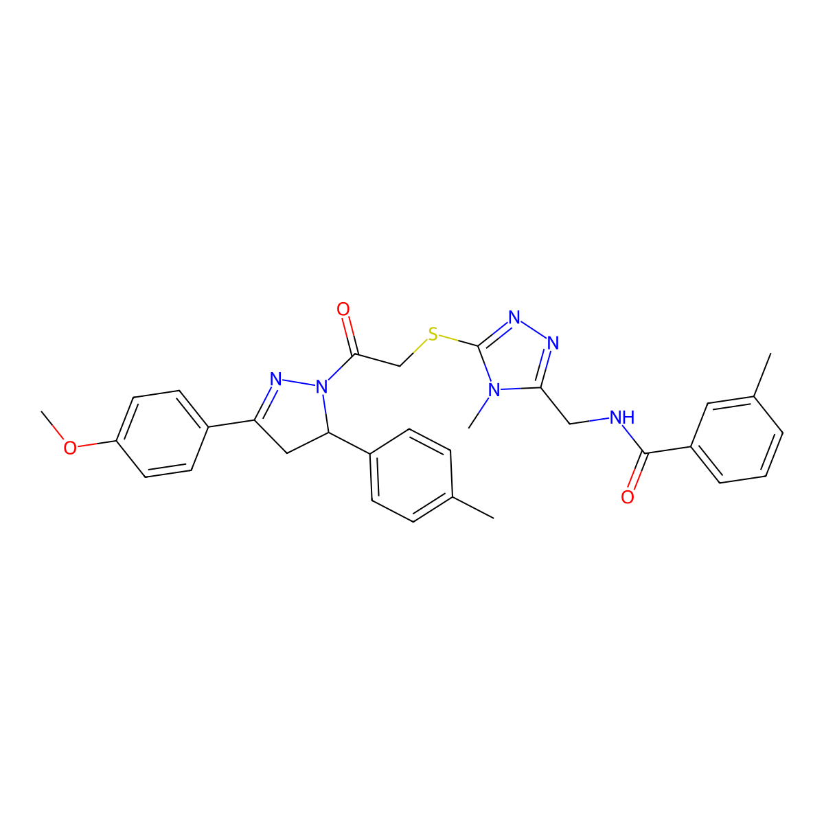 N-((5-((2-(3-(4-methoxyphenyl)-5-(p-tolyl)-4,5-dihydro-1H-pyrazol-1-yl)-2-oxoethyl)thio)-4-methyl-4H-1,2,4-triazol-3-yl)methyl)-3-methylbenzamide molecular structure, CAS 362502-72-5