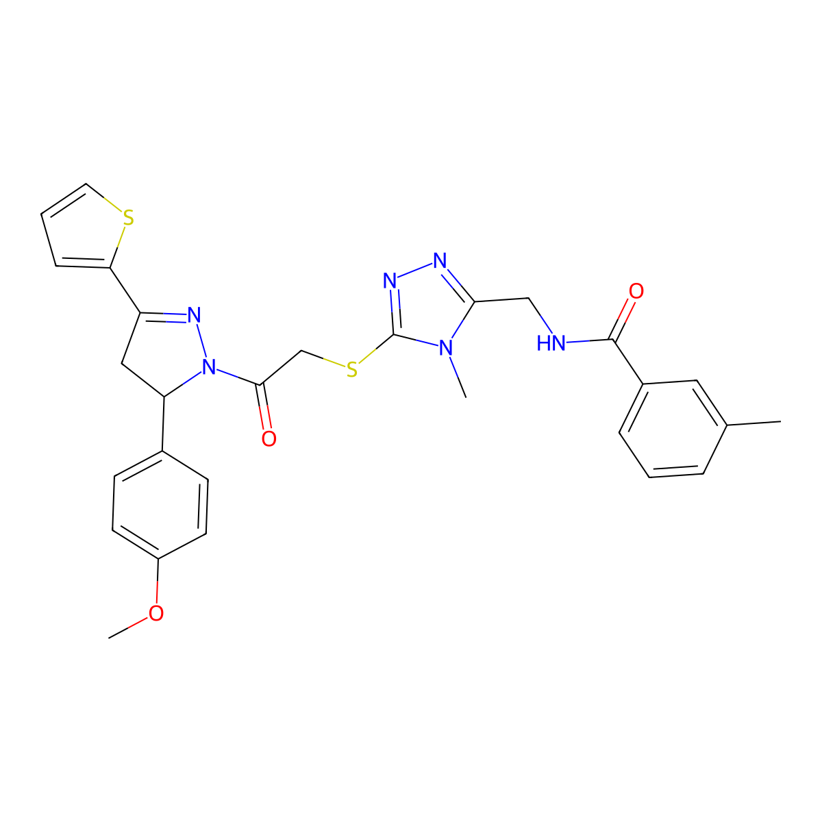 N-[[5-[[2-[4,5-Dihydro-5-(4-methoxyphenyl)-3-(2-thienyl)-1H-pyrazol-1-yl]-2-oxoethyl]thio]-4-methyl-4H-1,2,4-triazol-3-yl]methyl]-3-methylbenzamide molecular structure, CAS 362502-80-5