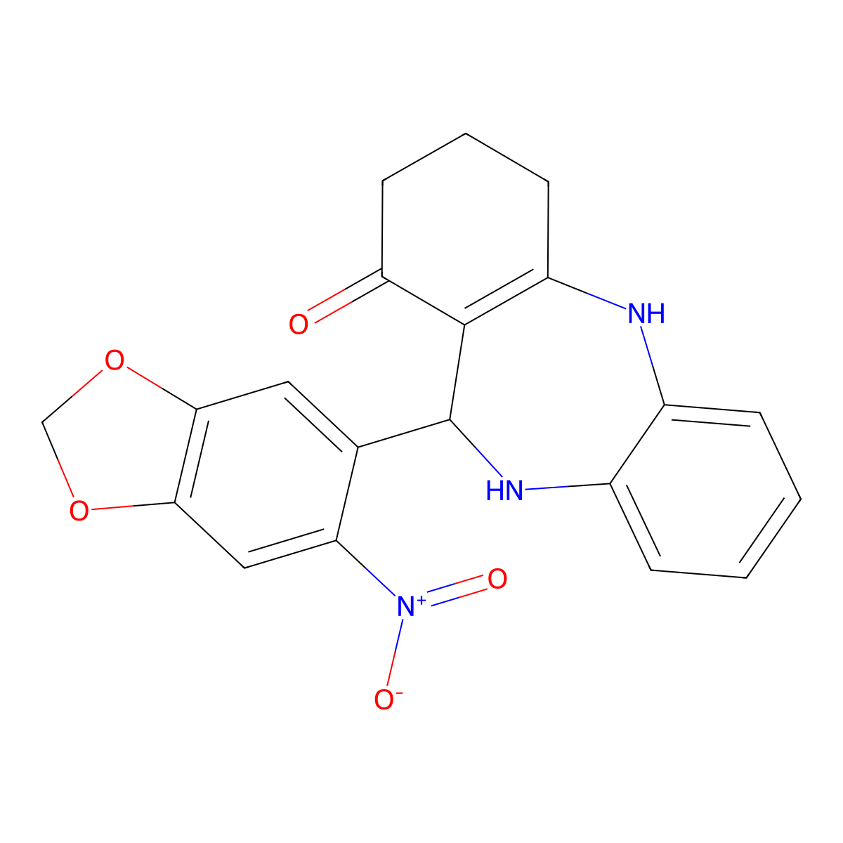 6-(6-Nitro-1,3-benzodioxol-5-yl)-5,6,8,9,10,11-hexahydrobenzo[b][1,4]benzodiazepin-7-one molecular structure, CAS 362503-23-9