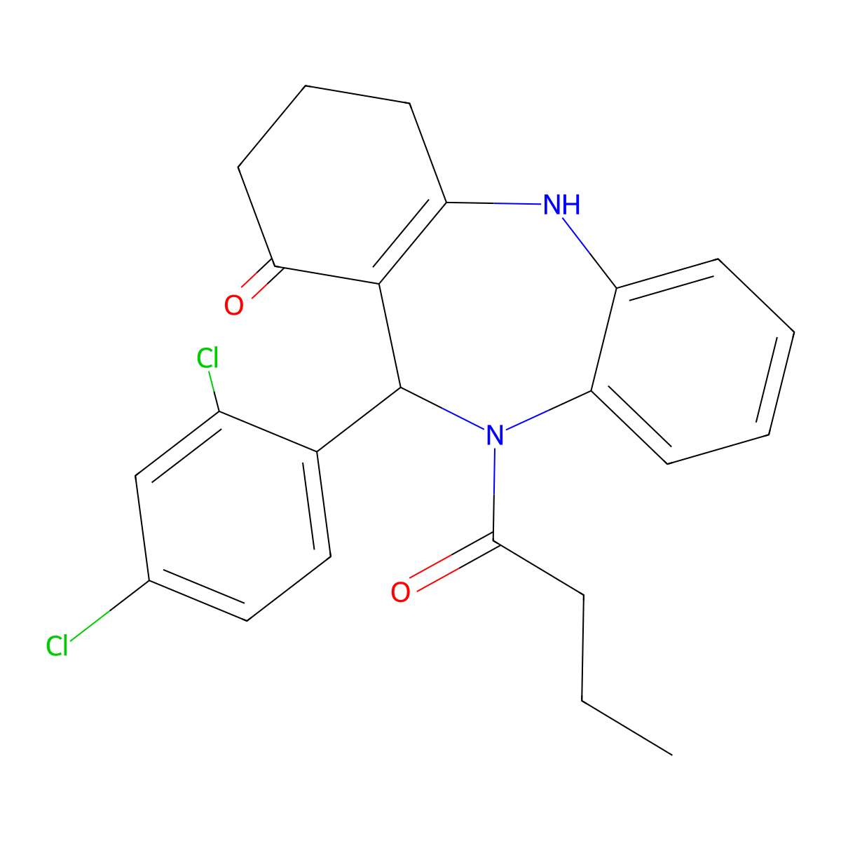 5-butanoyl-6-(2,4-dichlorophenyl)-8,9,10,11-tetrahydro-6H-benzo[b][1,4]benzodiazepin-7-one molecular structure, CAS 362503-31-9