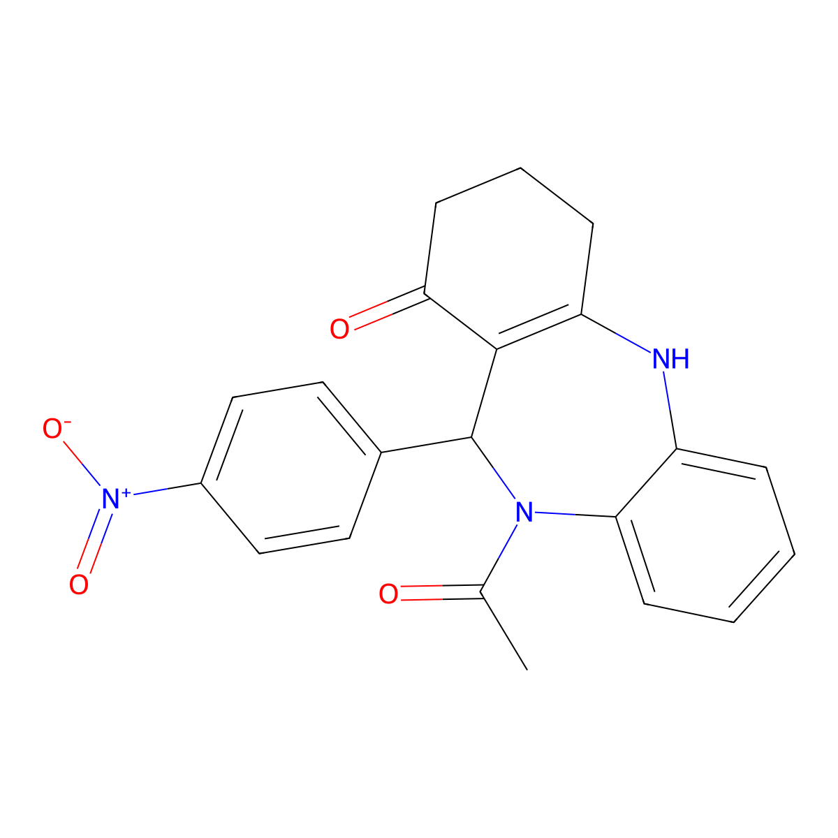 5-acetyl-6-(4-nitrophenyl)-8,9,10,11-tetrahydro-6H-benzo[b][1,4]benzodiazepin-7-one molecular structure, CAS 362503-83-1