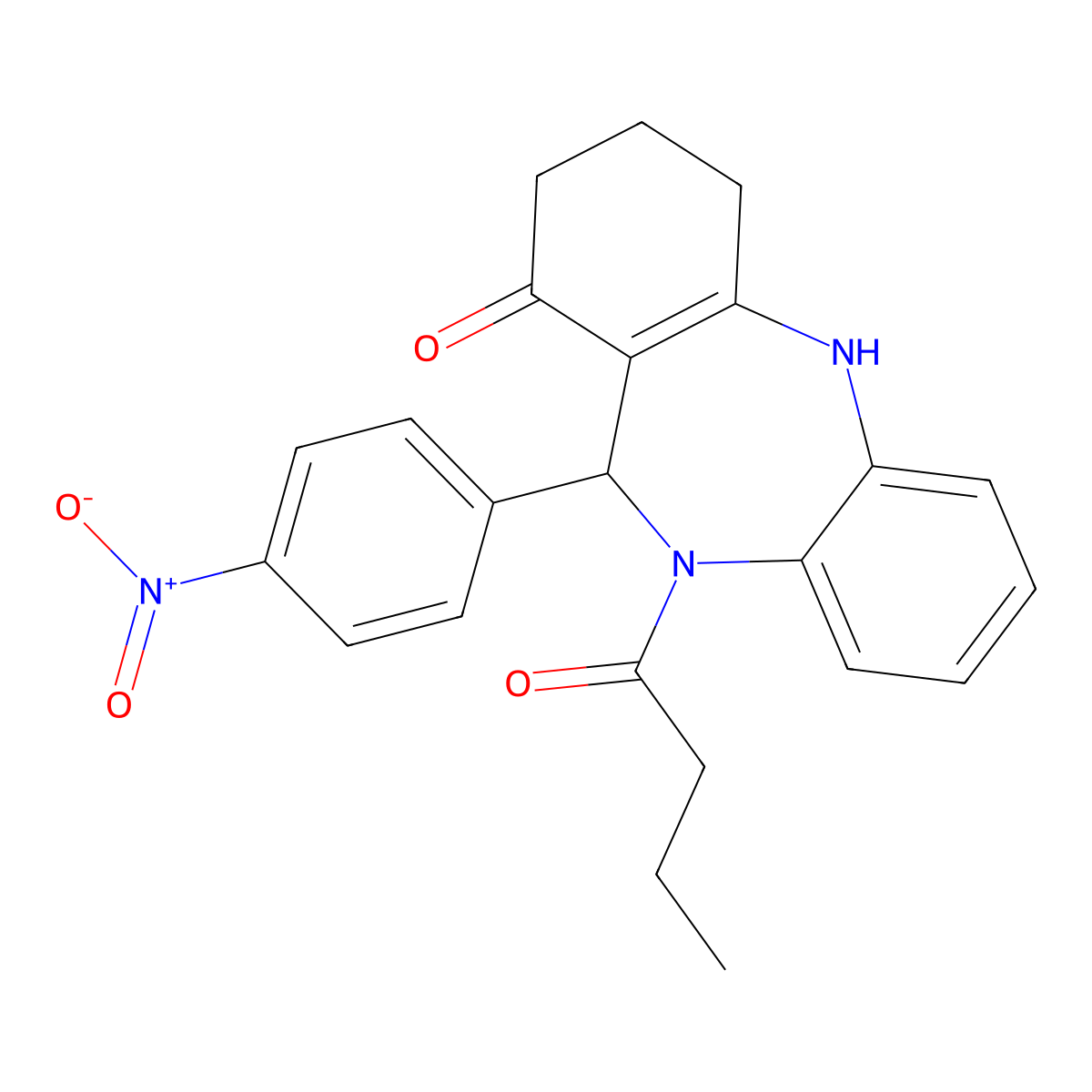 5-butanoyl-6-(4-nitrophenyl)-8,9,10,11-tetrahydro-6H-benzo[b][1,4]benzodiazepin-7-one molecular structure, CAS 362503-87-5