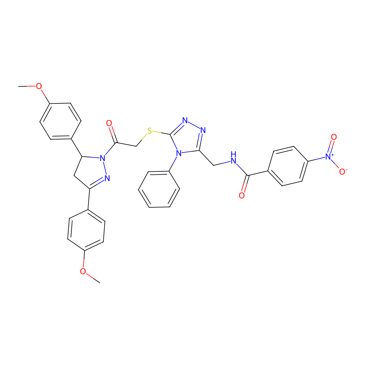 N-((5-((2-(3,5-bis(4-methoxyphenyl)-4,5-dihydro-1H-pyrazol-1-yl)-2-oxoethyl)thio)-4-phenyl-4H-1,2,4-triazol-3-yl)methyl)-4-nitrobenzamide molecular structure, CAS 362503-90-0