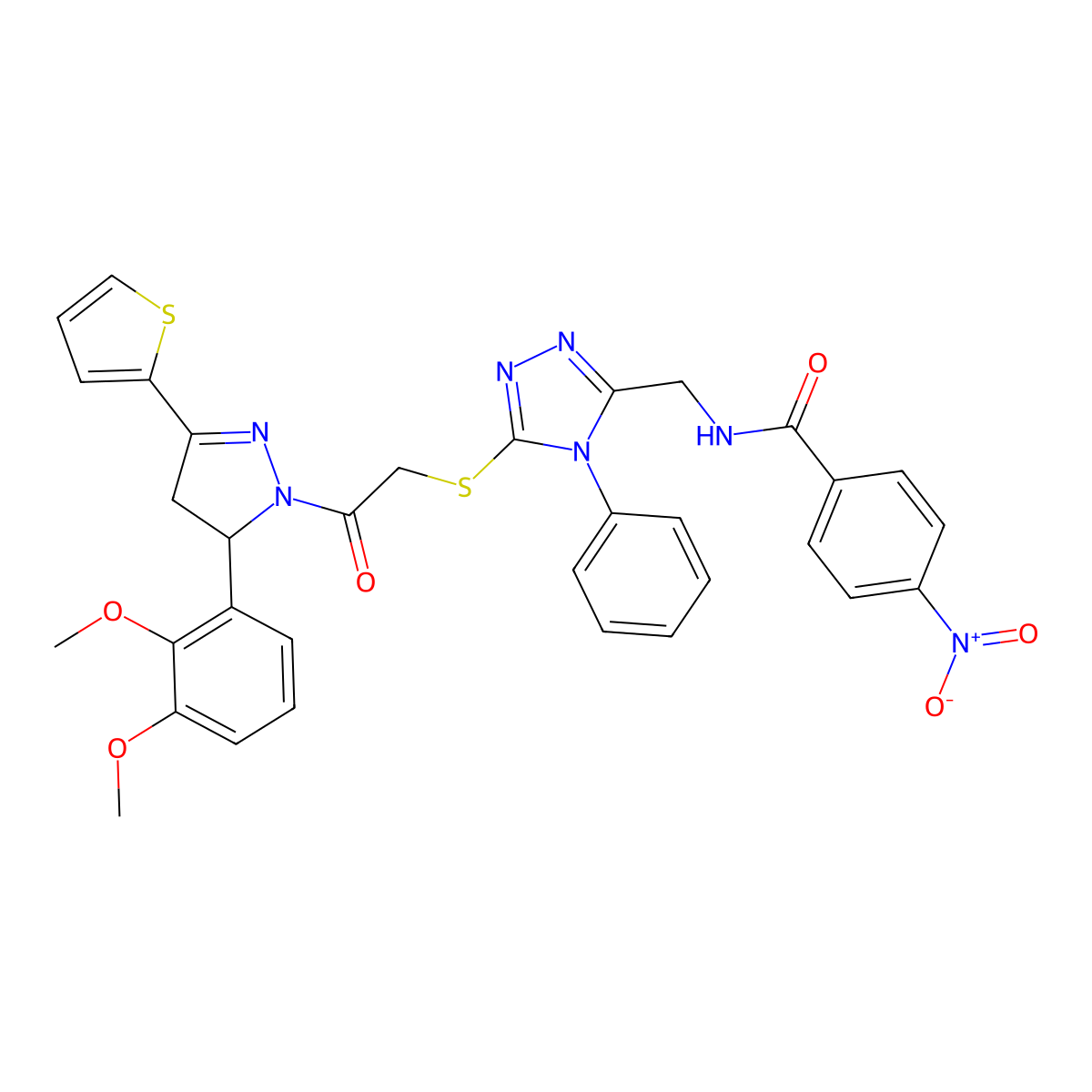 N-[[5-[2-[3-(2,3-dimethoxyphenyl)-5-thiophen-2-yl-3,4-dihydropyrazol-2-yl]-2-oxoethyl]sulfanyl-4-phenyl-1,2,4-triazol-3-yl]methyl]-4-nitrobenzamide molecular structure, CAS 362503-92-2