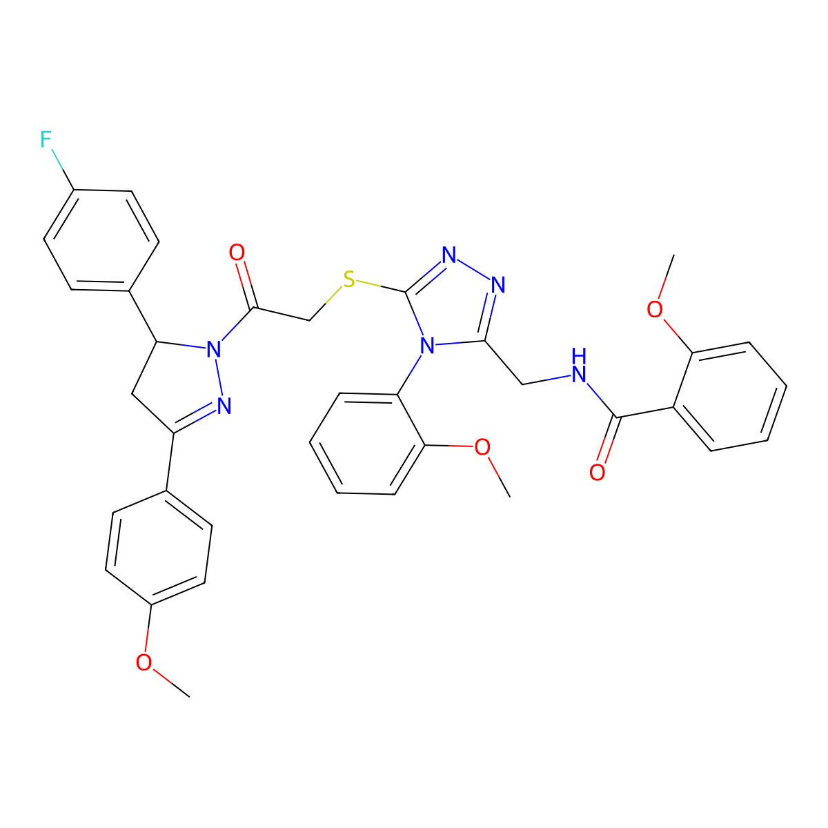 N-((5-((2-(5-(4-fluorophenyl)-3-(4-methoxyphenyl)-4,5-dihydro-1H-pyrazol-1-yl)-2-oxoethyl)thio)-4-(2-methoxyphenyl)-4H-1,2,4-triazol-3-yl)methyl)-2-methoxybenzamide molecular structure, CAS 362504-26-5