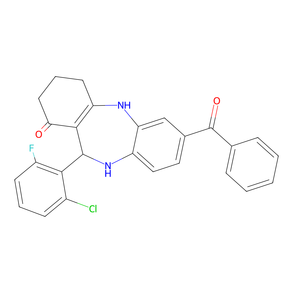 2-Benzoyl-6-(2-chloro-6-fluorophenyl)-5,6,8,9,10,11-hexahydrobenzo[b][1,4]benzodiazepin-7-one molecular structure, CAS 362504-43-6