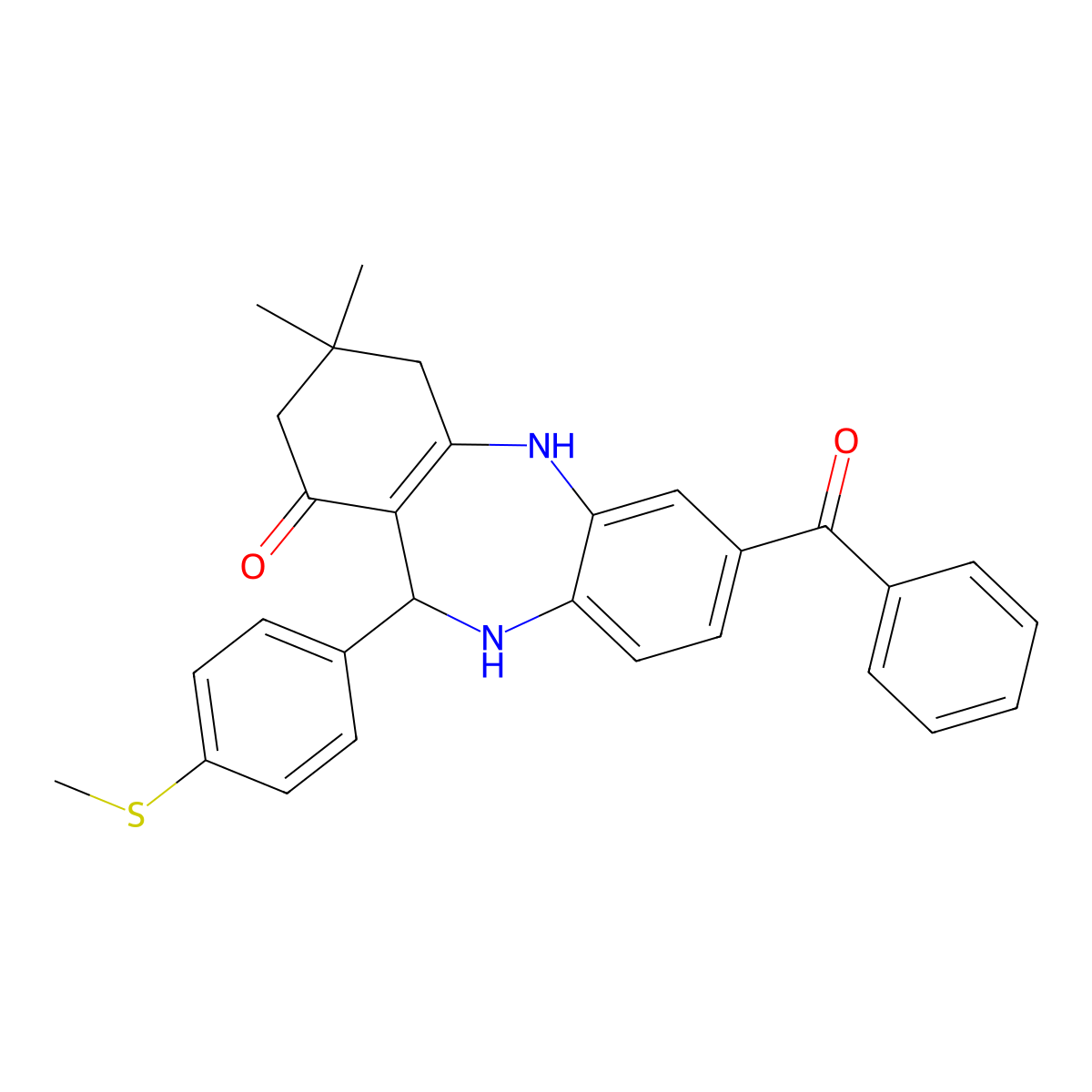 2-benzoyl-9,9-dimethyl-6-(4-methylsulfanylphenyl)-6,8,10,11-tetrahydro-5H-benzo[b][1,4]benzodiazepin-7-one molecular structure, CAS 362504-69-6