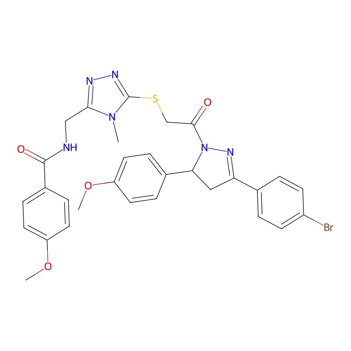 N-((5-((2-(3-(4-Bromophenyl)-5-(4-methoxyphenyl)-4,5-dihydro-1H-pyrazol-1-yl)-2-oxoethyl)thio)-4-methyl-4H-1,2,4-triazol-3-yl)methyl)-4-methoxybenzamide molecular structure, CAS 362504-90-3
