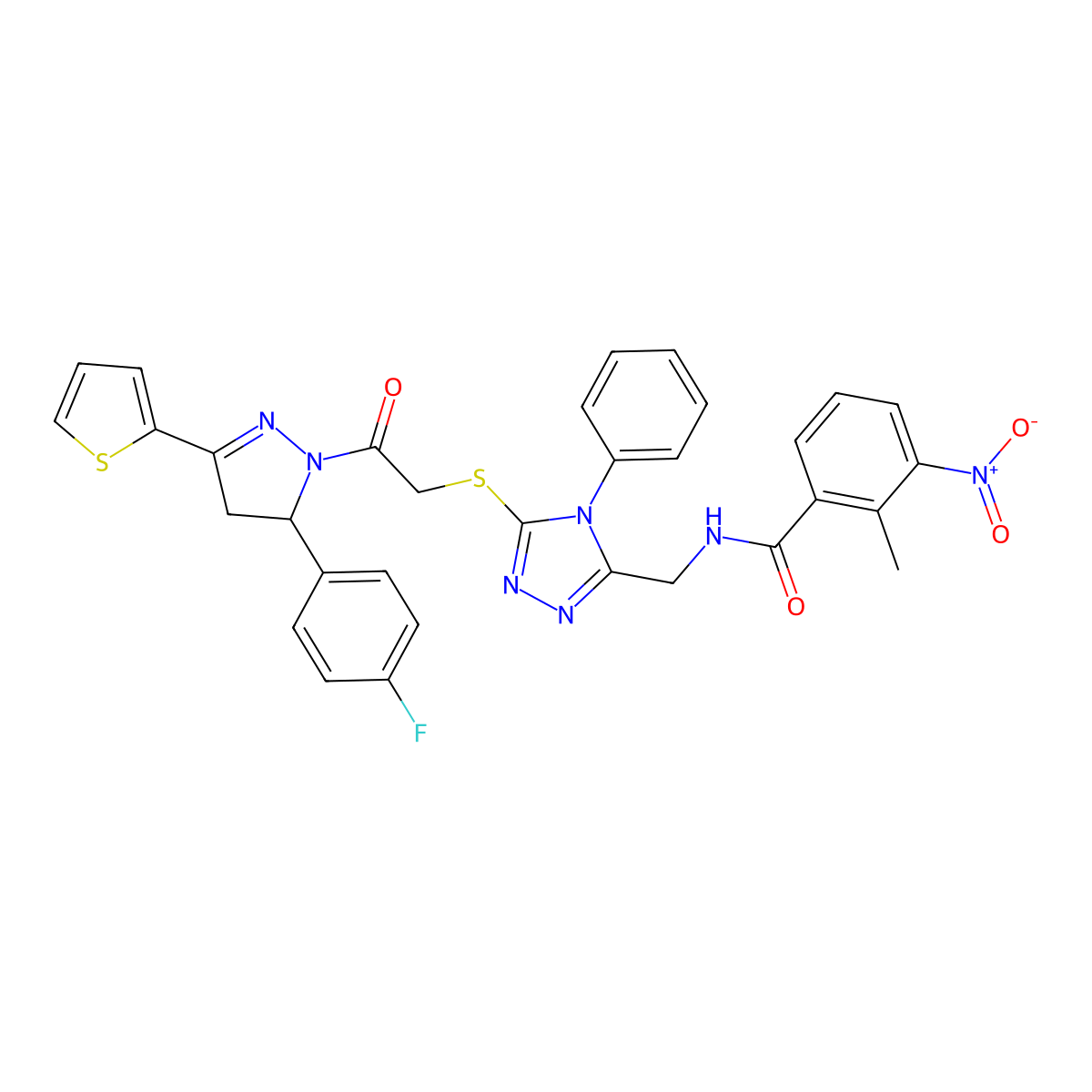 N-[[5-[2-[3-(4-fluorophenyl)-5-thiophen-2-yl-3,4-dihydropyrazol-2-yl]-2-oxoethyl]sulfanyl-4-phenyl-1,2,4-triazol-3-yl]methyl]-2-methyl-3-nitrobenzamide molecular structure, CAS 362504-92-5