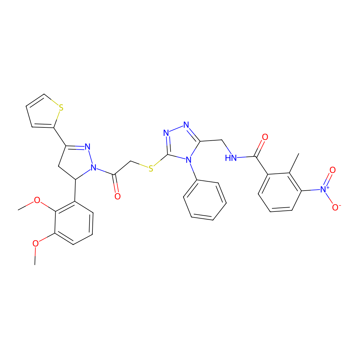 N-[[5-[2-[3-(2,3-dimethoxyphenyl)-5-thiophen-2-yl-3,4-dihydropyrazol-2-yl]-2-oxoethyl]sulfanyl-4-phenyl-1,2,4-triazol-3-yl]methyl]-2-methyl-3-nitrobenzamide molecular structure, CAS 362504-94-7
