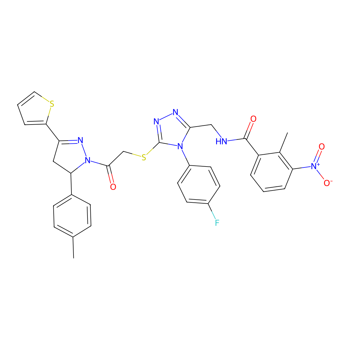 N-((4-(4-fluorophenyl)-5-((2-oxo-2-(3-(thiophen-2-yl)-5-(p-tolyl)-4,5-dihydro-1H-pyrazol-1-yl)ethyl)thio)-4H-1,2,4-triazol-3-yl)methyl)-2-methyl-3-nitrobenzamide molecular structure, CAS 362504-95-8