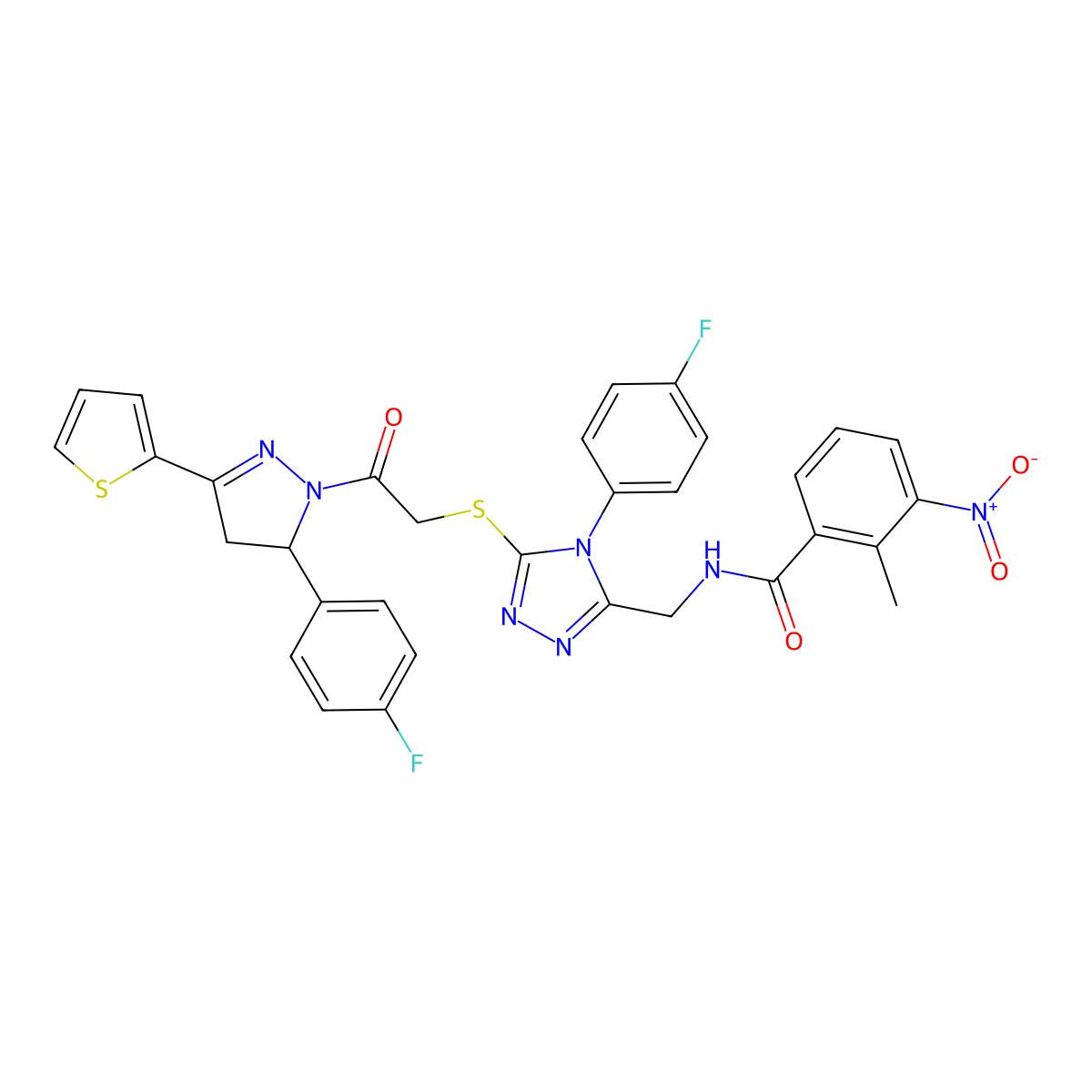 N-((4-(4-fluorophenyl)-5-((2-(5-(4-fluorophenyl)-3-(thiophen-2-yl)-4,5-dihydro-1H-pyrazol-1-yl)-2-oxoethyl)thio)-4H-1,2,4-triazol-3-yl)methyl)-2-methyl-3-nitrobenzamide molecular structure, CAS 362504-96-9