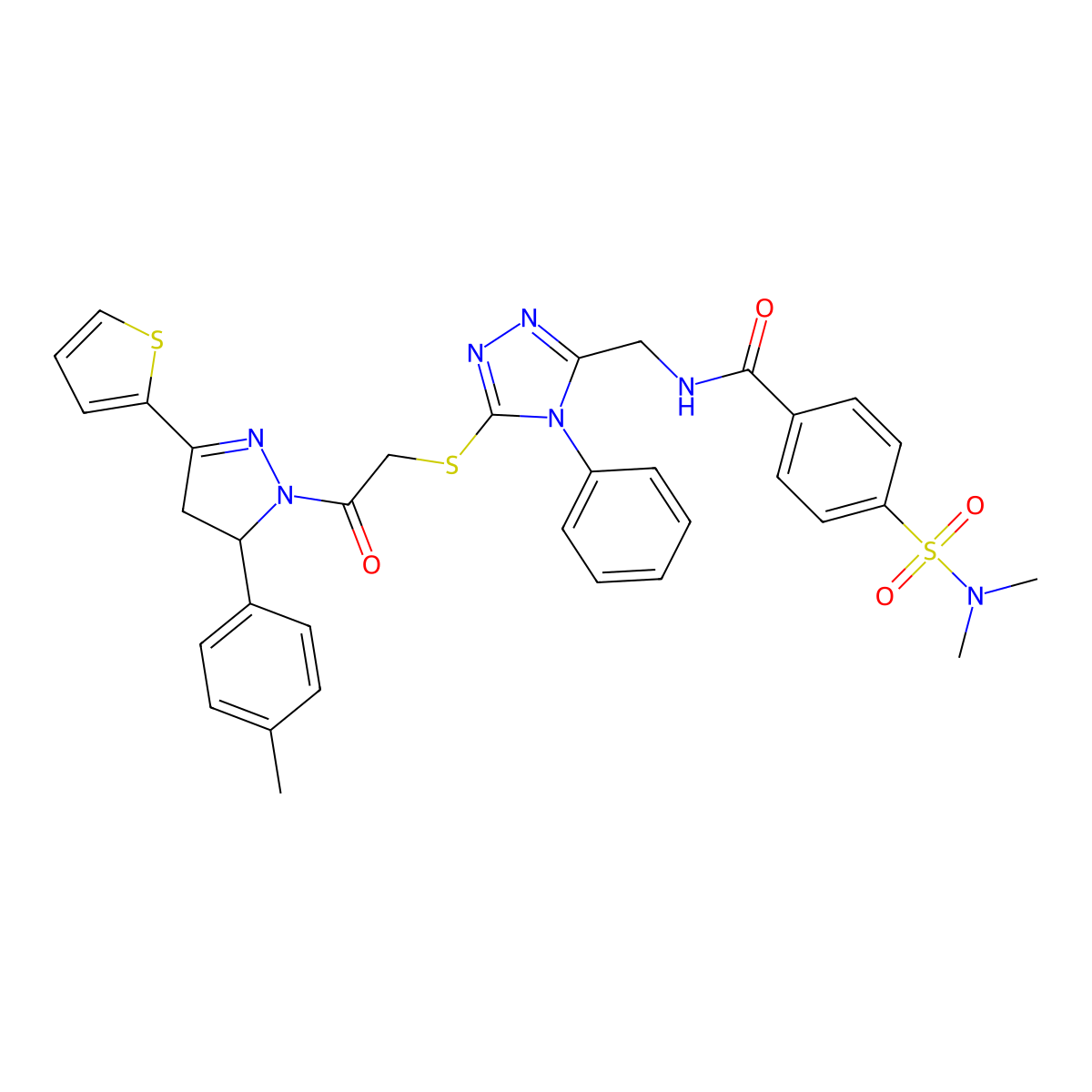 4-(dimethylsulfamoyl)-N-[[5-[2-[3-(4-methylphenyl)-5-thiophen-2-yl-3,4-dihydropyrazol-2-yl]-2-oxoethyl]sulfanyl-4-phenyl-1,2,4-triazol-3-yl]methyl]benzamide molecular structure, CAS 362505-36-0