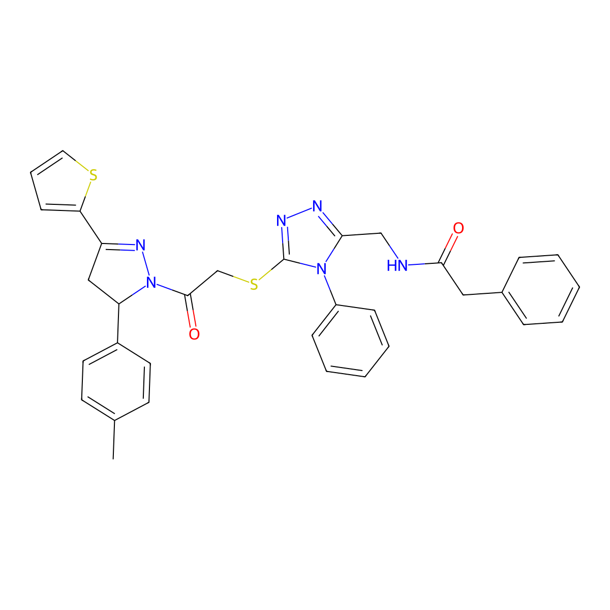N-((5-((2-oxo-2-(3-(thiophen-2-yl)-5-(p-tolyl)-4,5-dihydro-1H-pyrazol-1-yl)ethyl)thio)-4-phenyl-4H-1,2,4-triazol-3-yl)methyl)-2-phenylacetamide molecular structure, CAS 362505-44-0