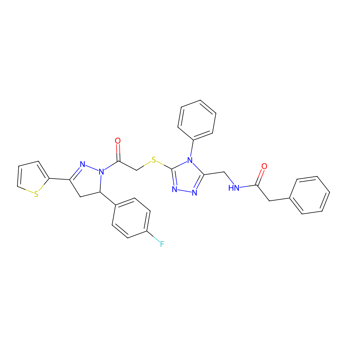 N-[[5-[2-[3-(4-fluorophenyl)-5-thiophen-2-yl-3,4-dihydropyrazol-2-yl]-2-oxoethyl]sulfanyl-4-phenyl-1,2,4-triazol-3-yl]methyl]-2-phenylacetamide molecular structure, CAS 362505-45-1