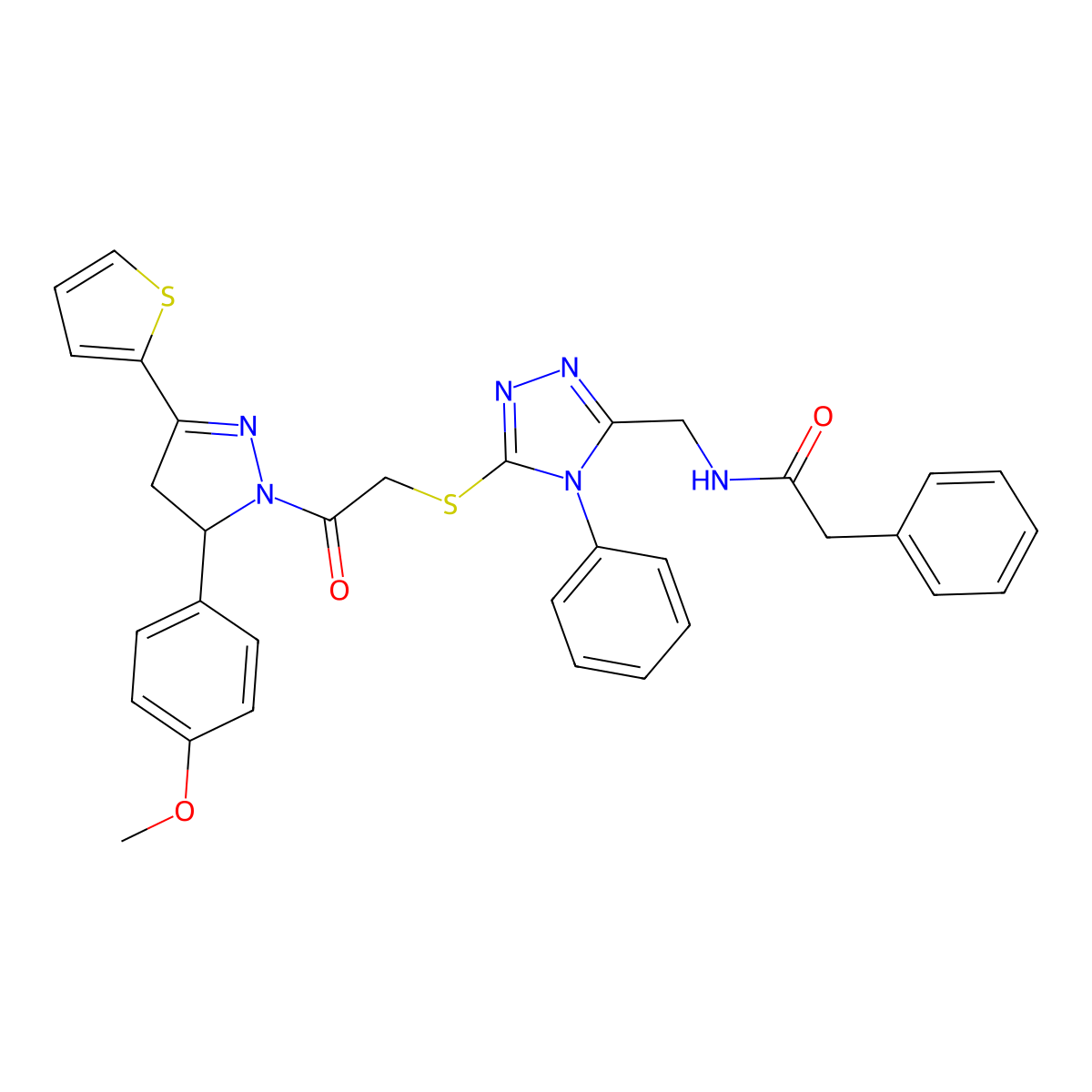 N-((5-((2-(5-(4-methoxyphenyl)-3-(thiophen-2-yl)-4,5-dihydro-1H-pyrazol-1-yl)-2-oxoethyl)thio)-4-phenyl-4H-1,2,4-triazol-3-yl)methyl)-2-phenylacetamide molecular structure, CAS 362505-47-3